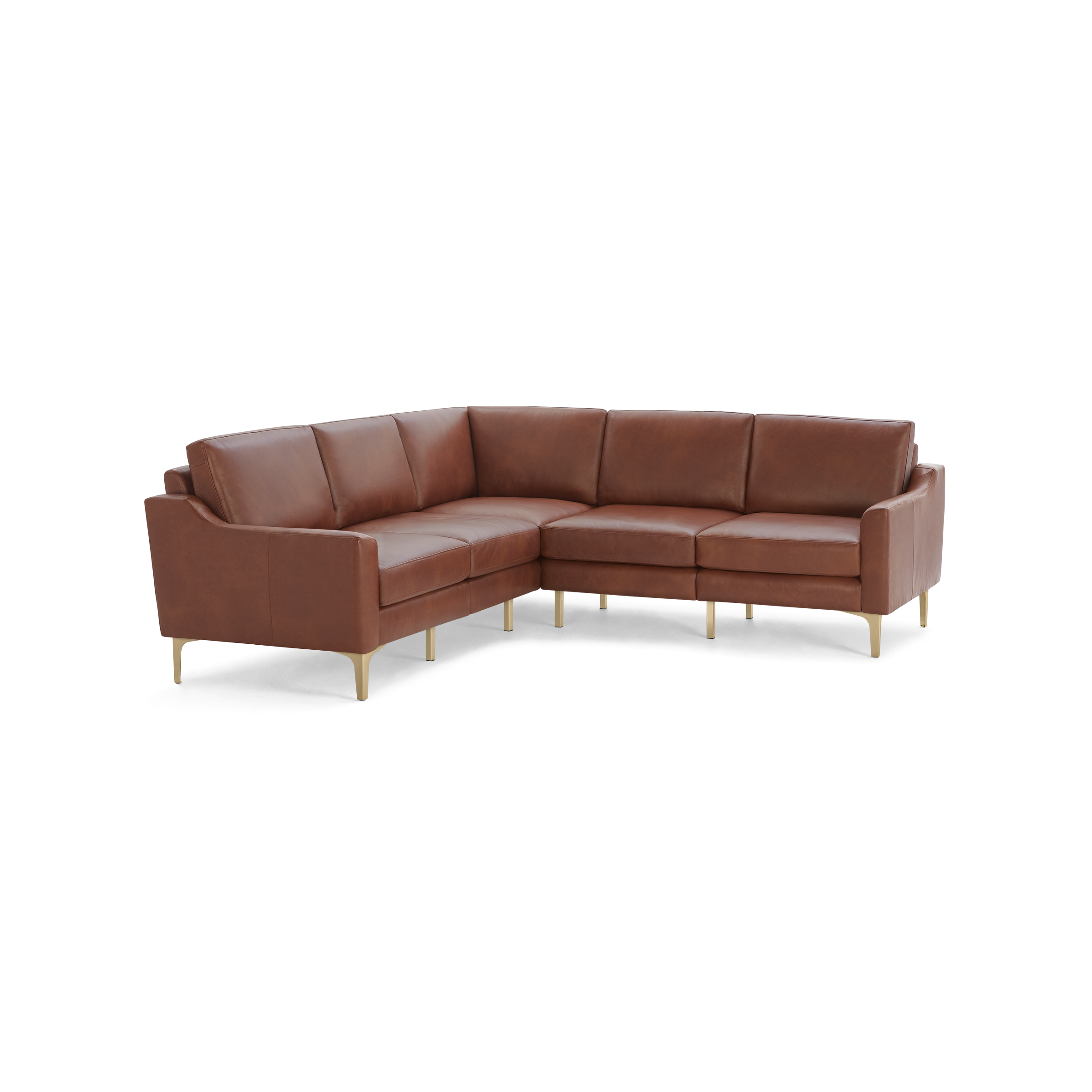 L-shaped modern sectional sofa in warm brown leather with slim armrests and gold-toned legs, designed for spacious comfort.