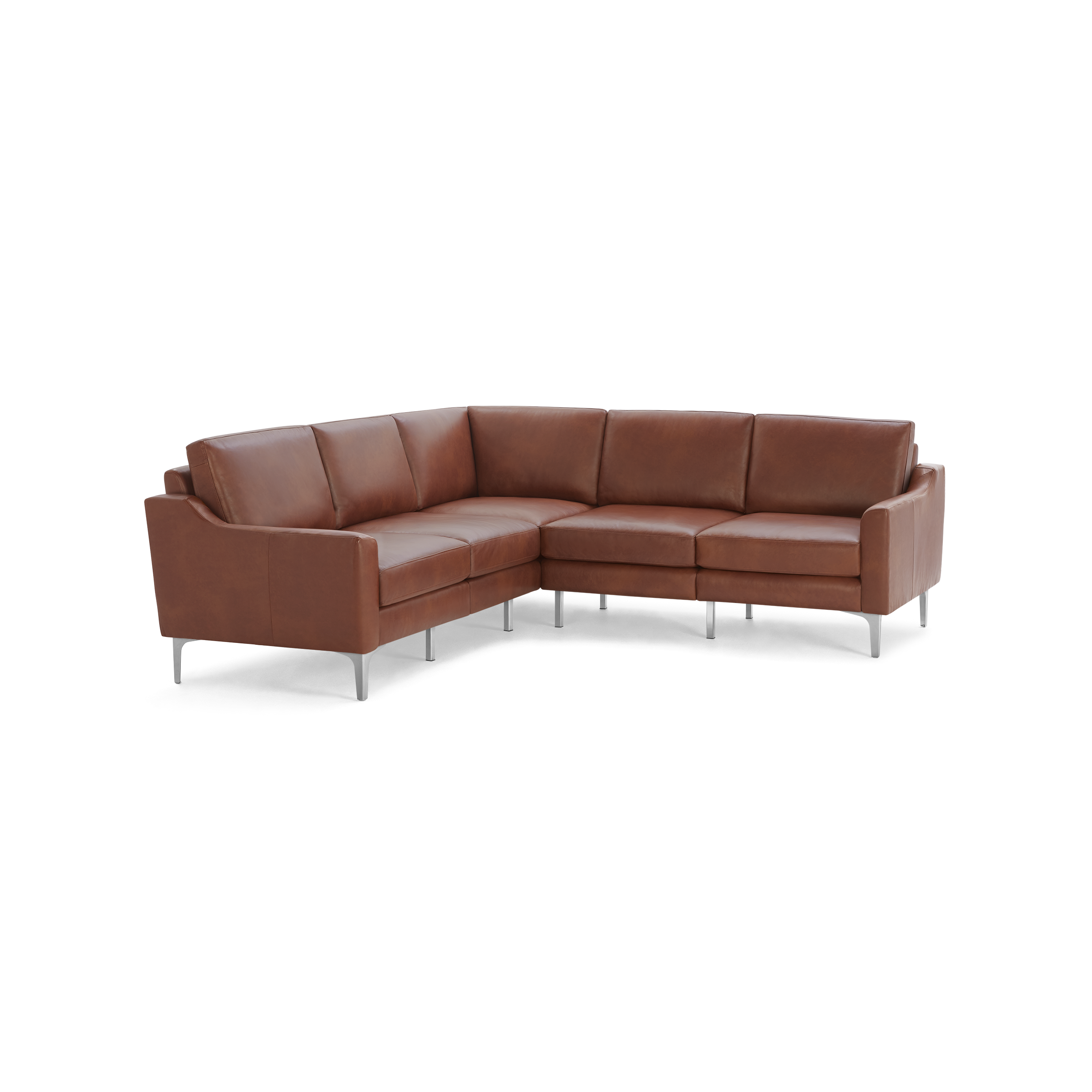 Brown leather L-shaped sectional sofa with metal legs and cushioned seats and backrests.