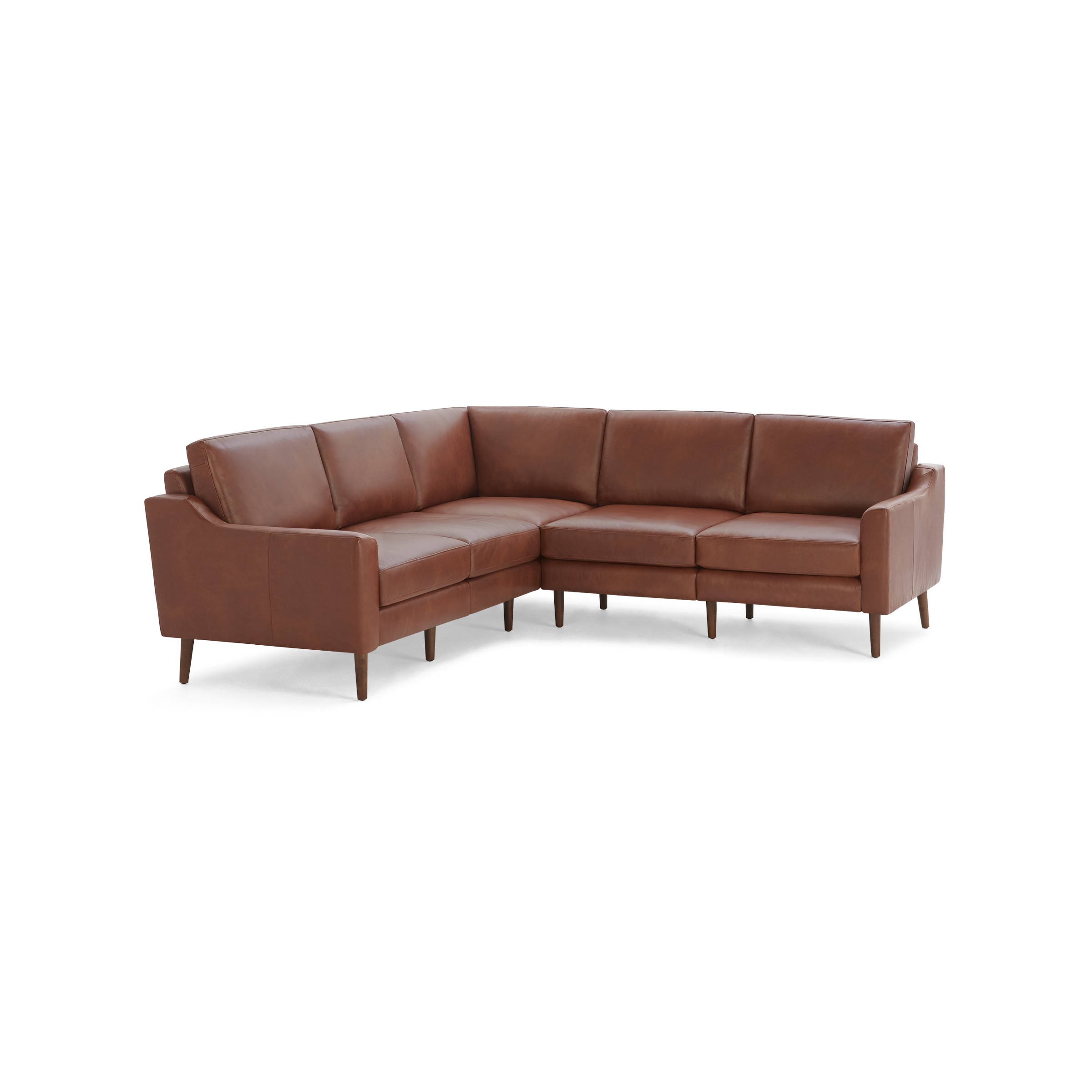 Modern L-shaped sectional sofa in rich brown leather with clean lines and slender wooden legs.