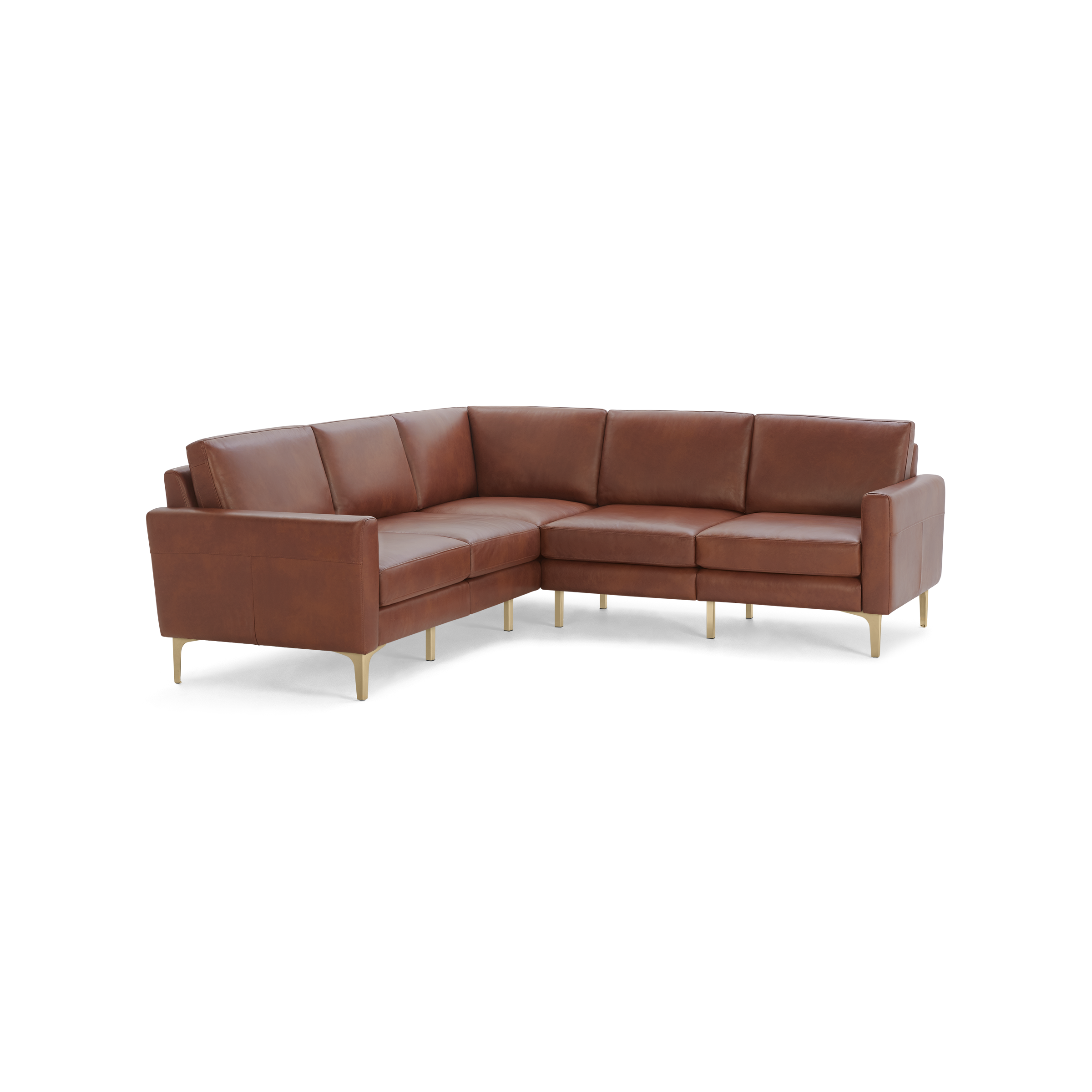 Brown leather L-shaped sectional sofa with clean lines, cushioned seats, straight armrests, and slender gold-colored legs.