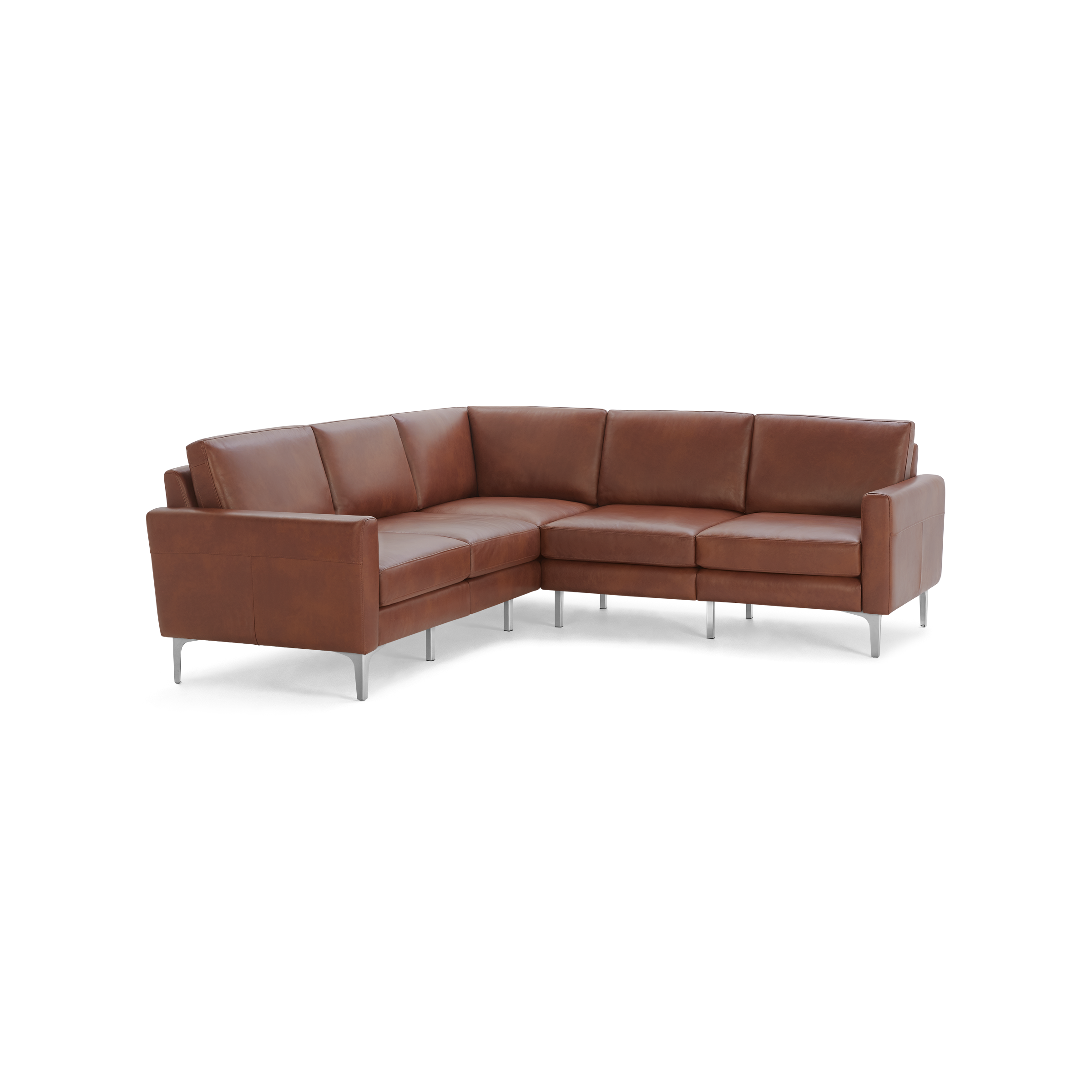 Modern sectional sofa with rich brown leather upholstery, slim metal legs, and clean-lined design, ideal for spacious living rooms.