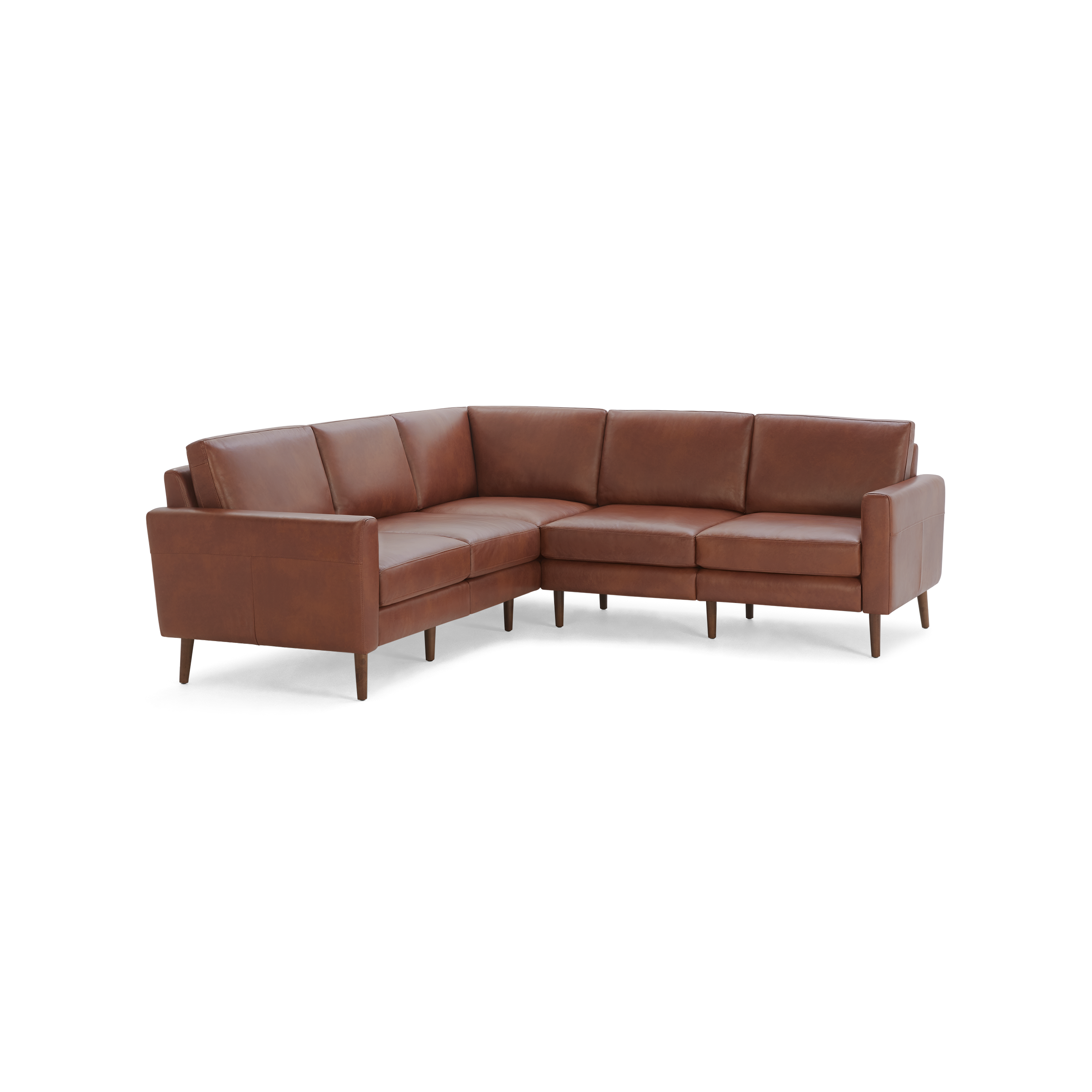 Modern brown leather L-shaped sectional sofa with wooden legs and clean, minimalist design.