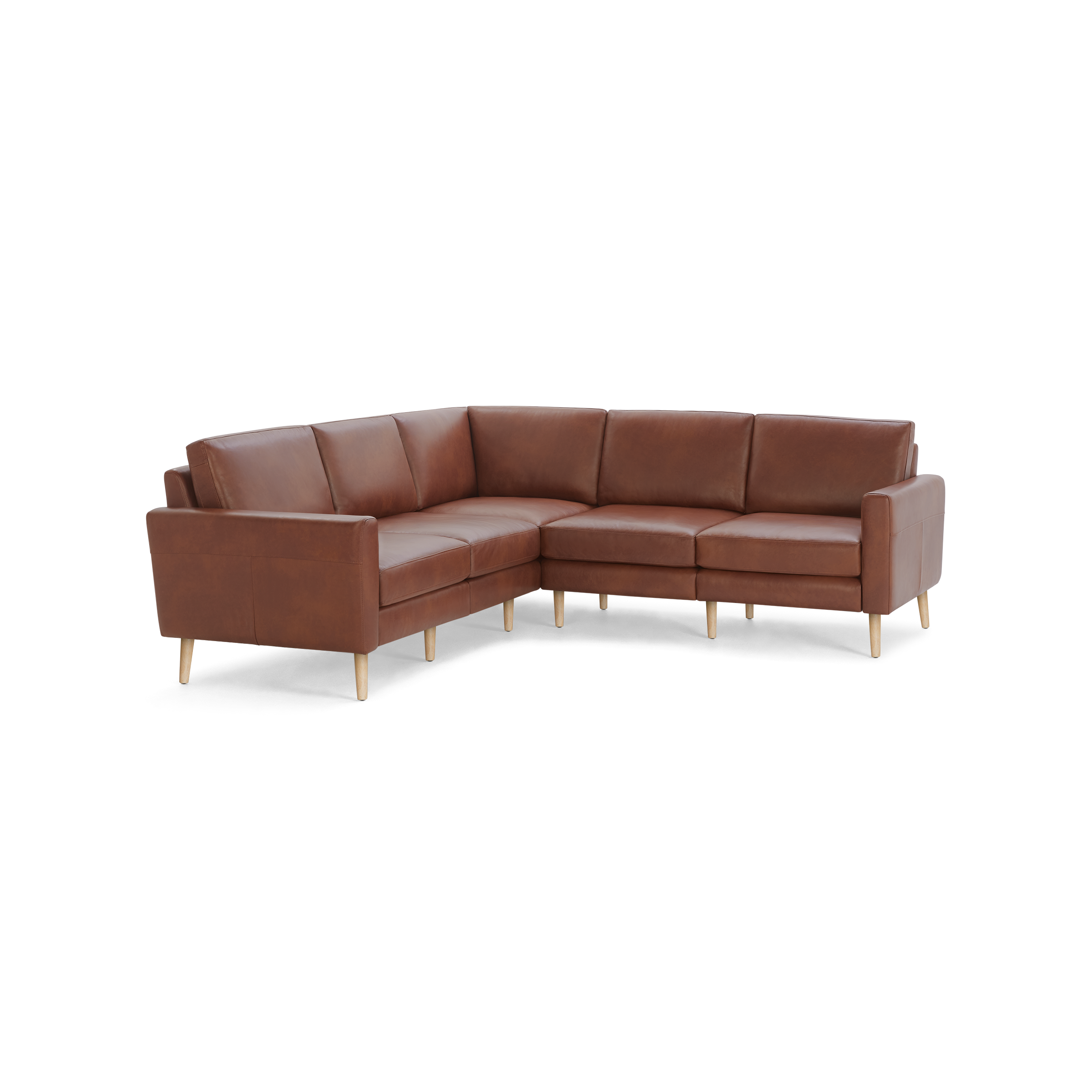 Brown leather L-shaped sectional sofa with clean lines and light wooden legs on a transparent background.