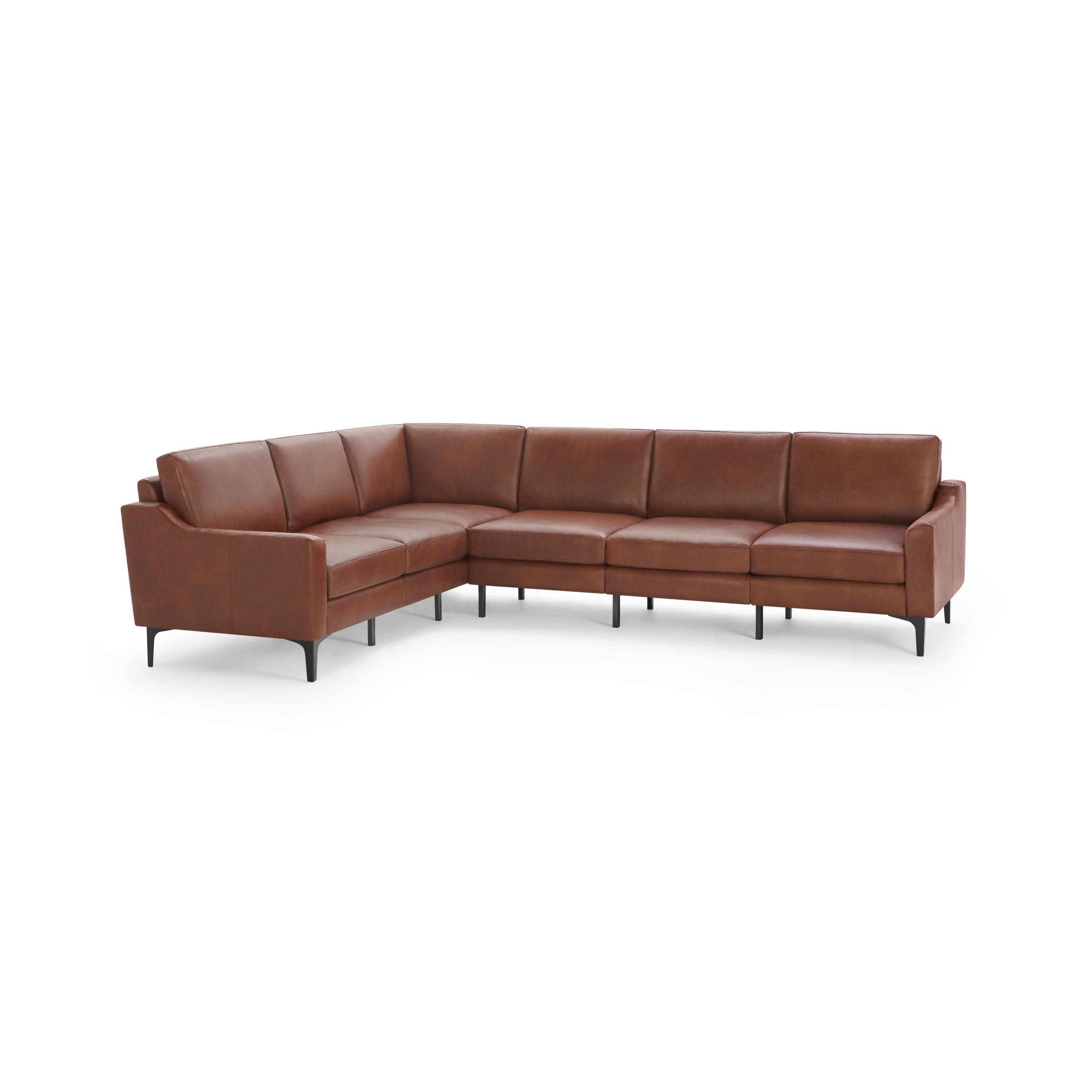 Large L-shaped sectional sofa in brown leather with sleek armrests and black metal legs, modern and comfortable design.