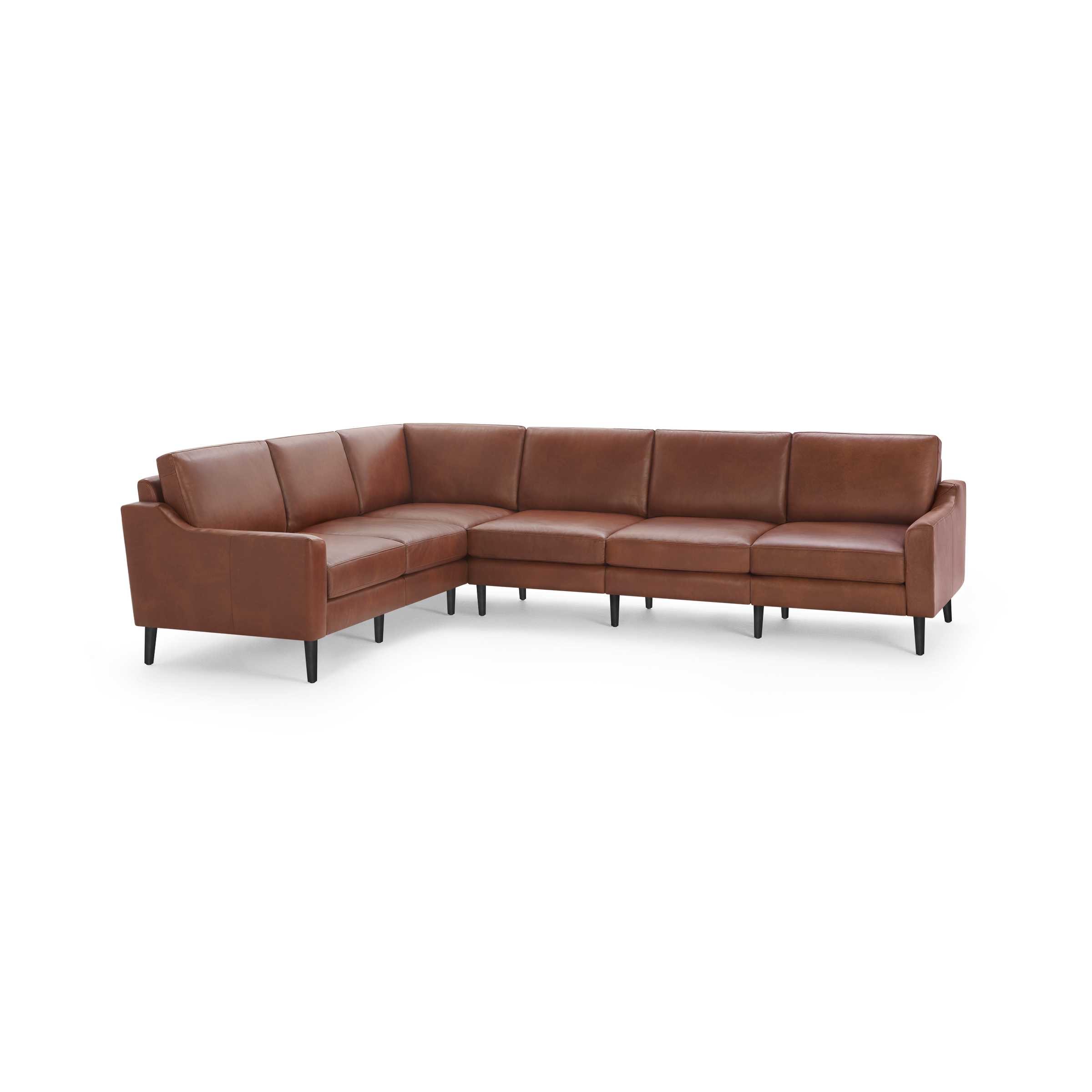 L-shaped sectional sofa upholstered in brown leather with cushioned seats and backrests, supported by slim black legs.