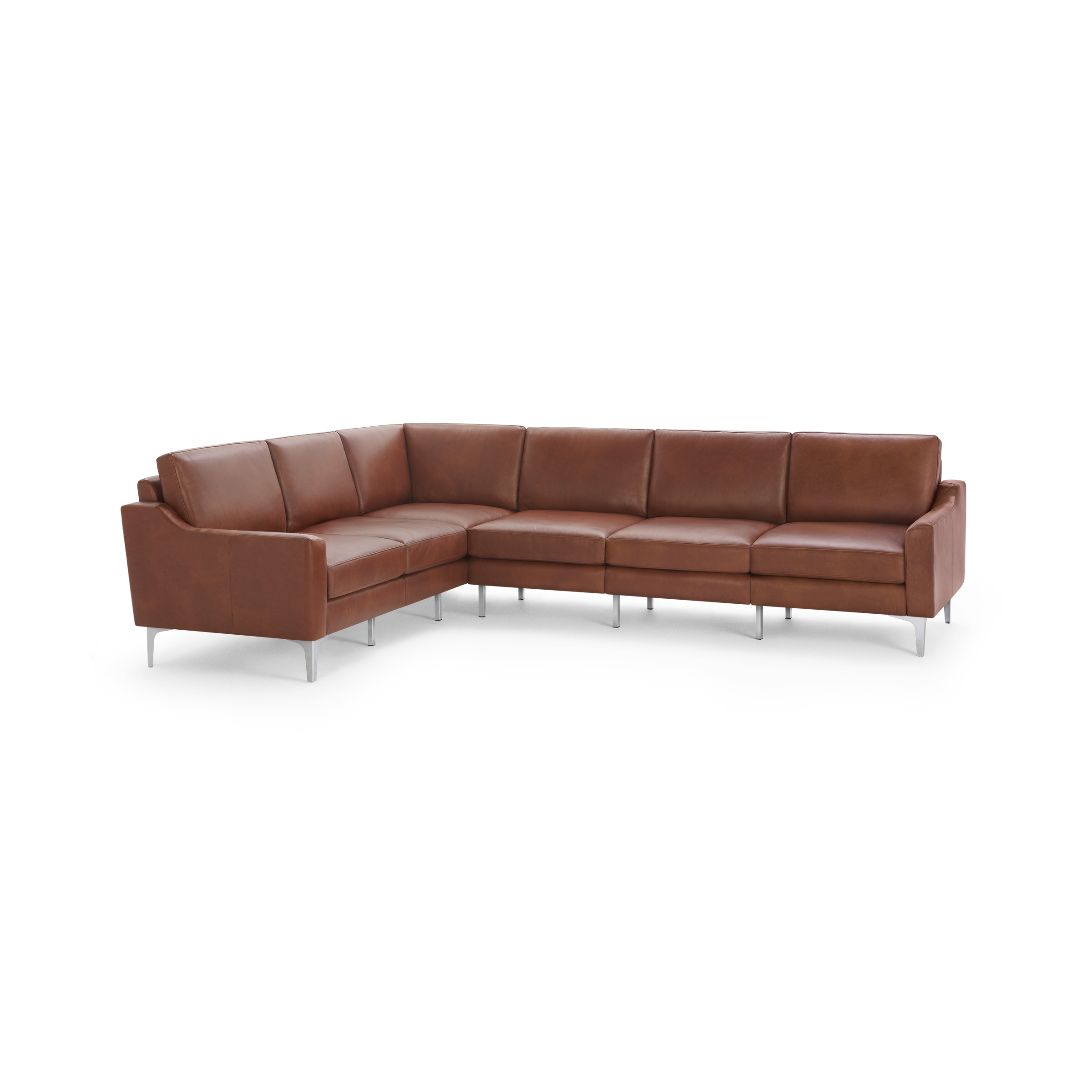 Modern L-shaped sectional sofa upholstered in brown leather with metal legs, featuring clean lines and plush cushions.