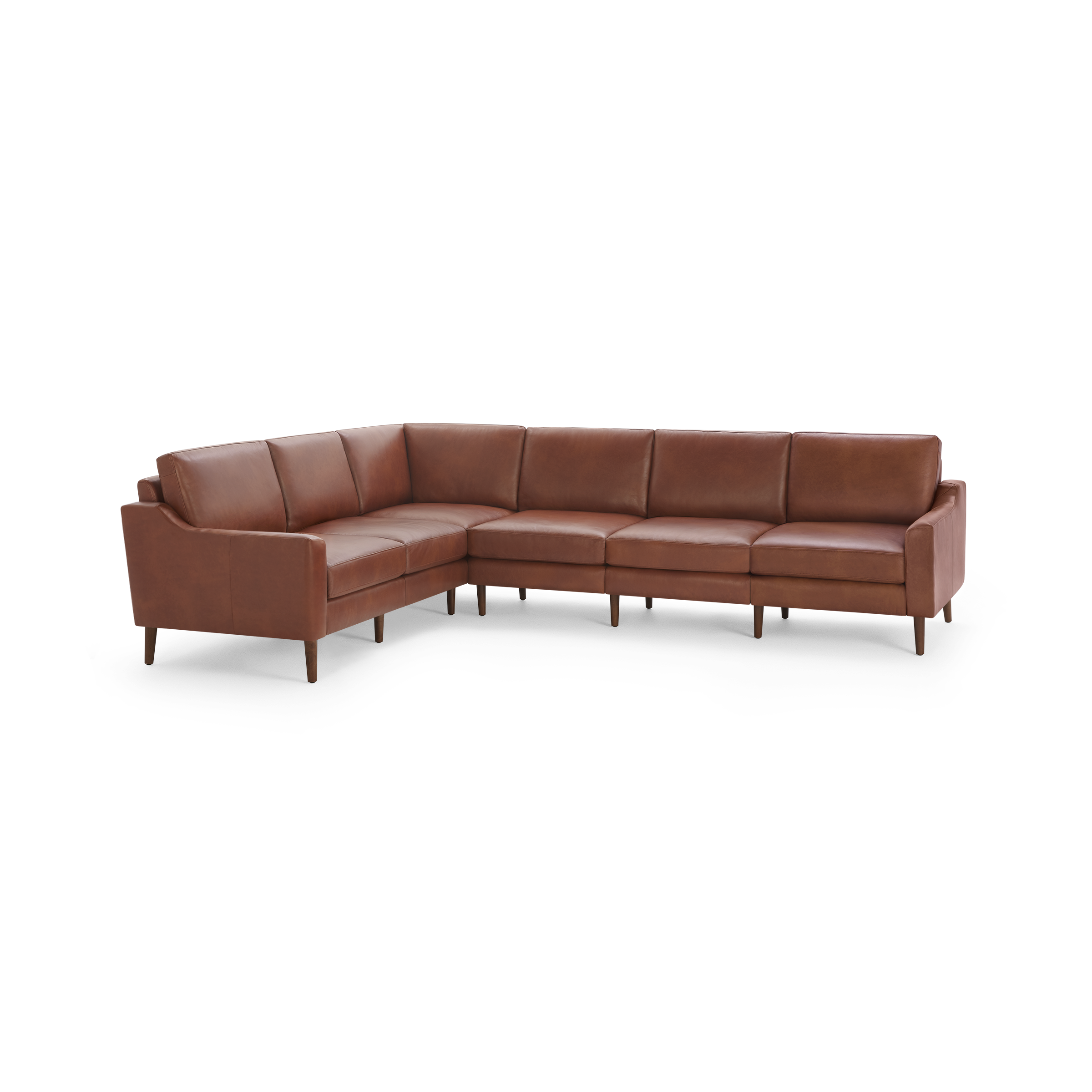 Large L-shaped brown leather sectional sofa with cushioned seats and wooden legs, designed for modern living rooms.