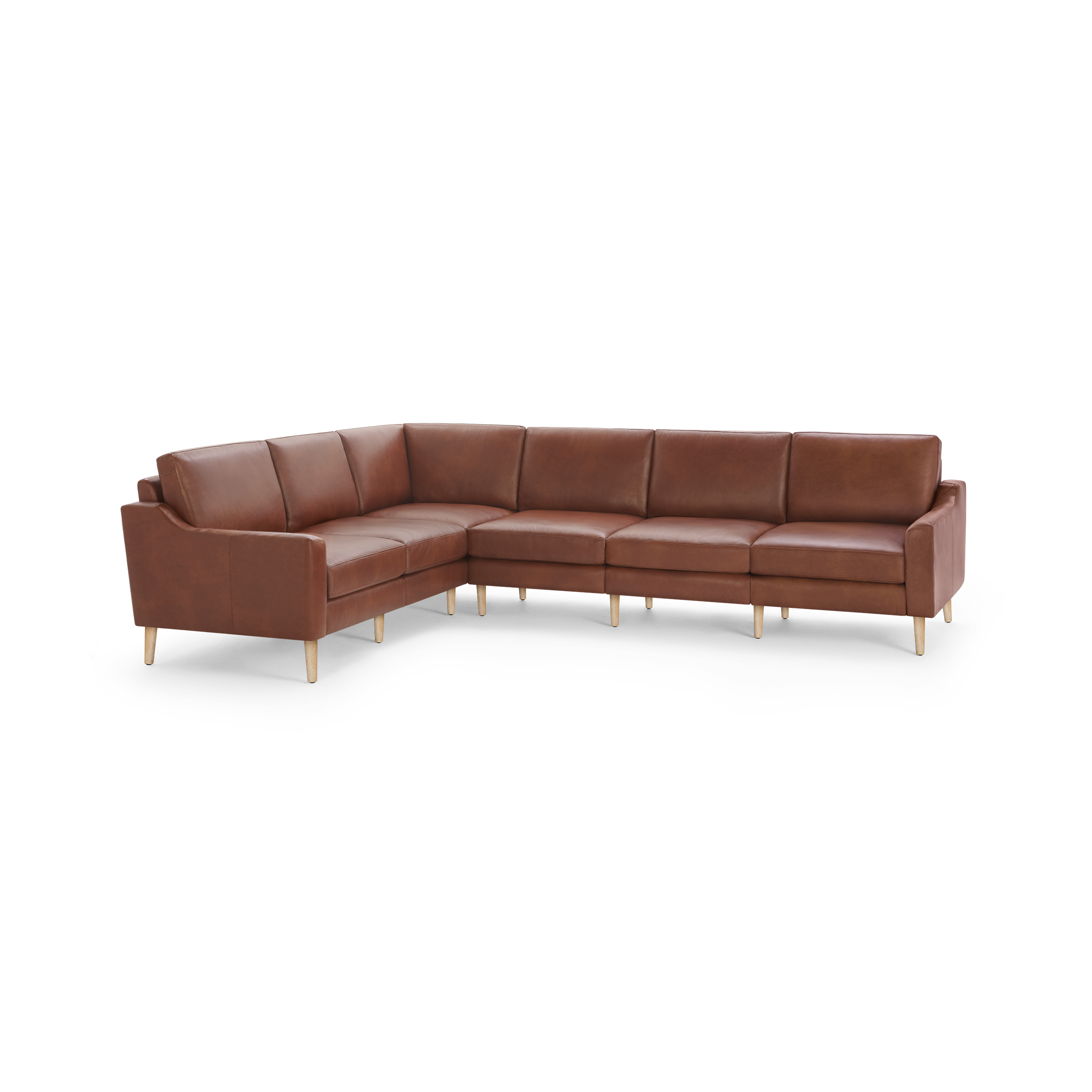 L-shaped brown leather sectional sofa with wooden tapered legs and cushioned seats and backrests.