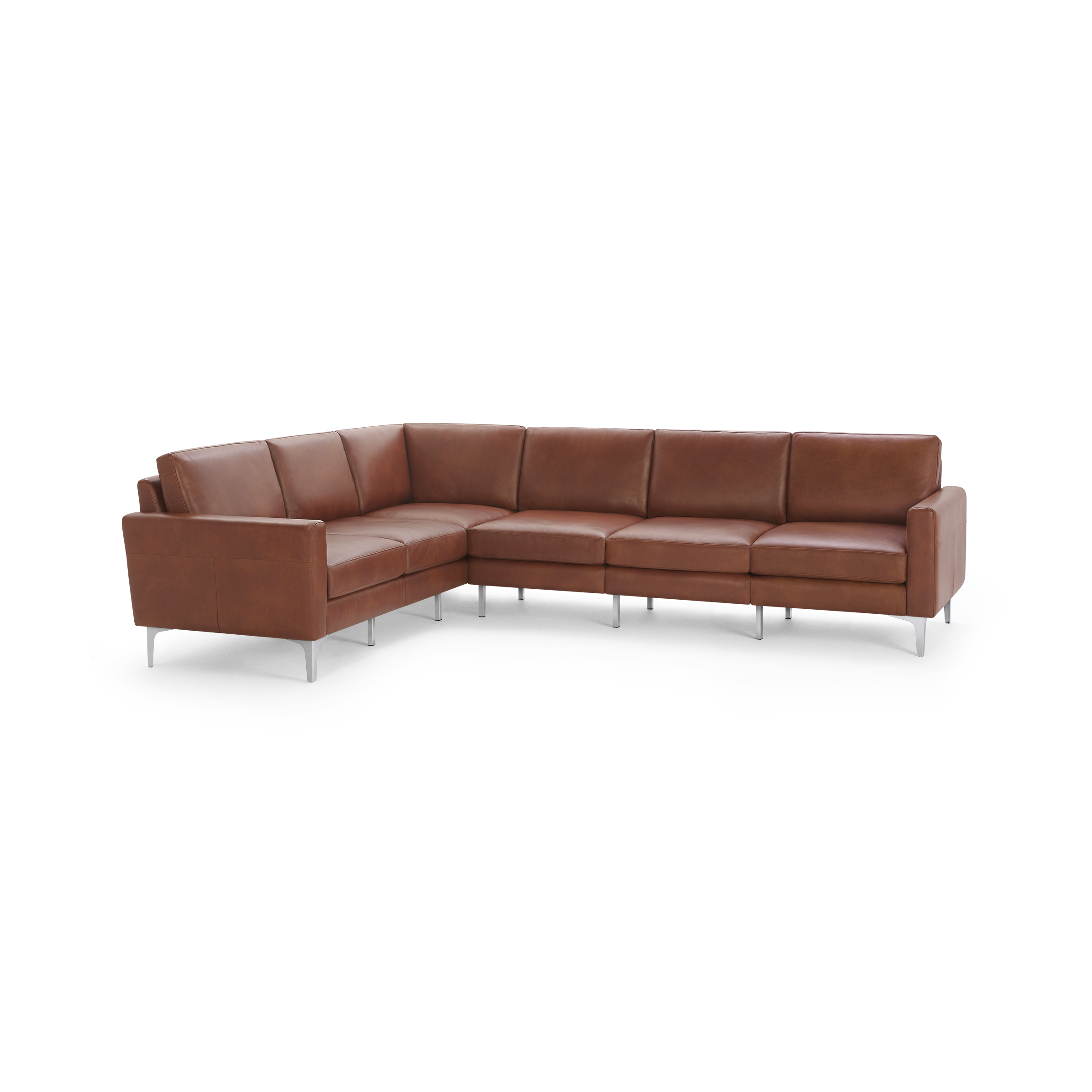 Modern L-shaped sectional sofa with smooth brown leather upholstery and sleek metal legs, designed for spacious seating.