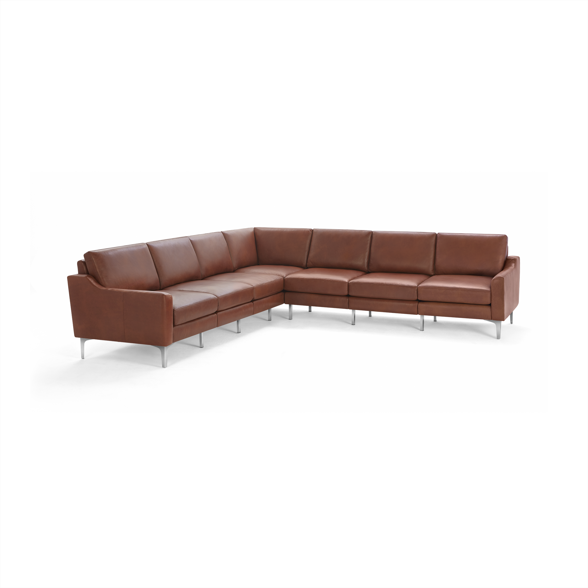 Large modern L-shaped sectional sofa upholstered in rich brown leather with metal legs and cushioned backrests.