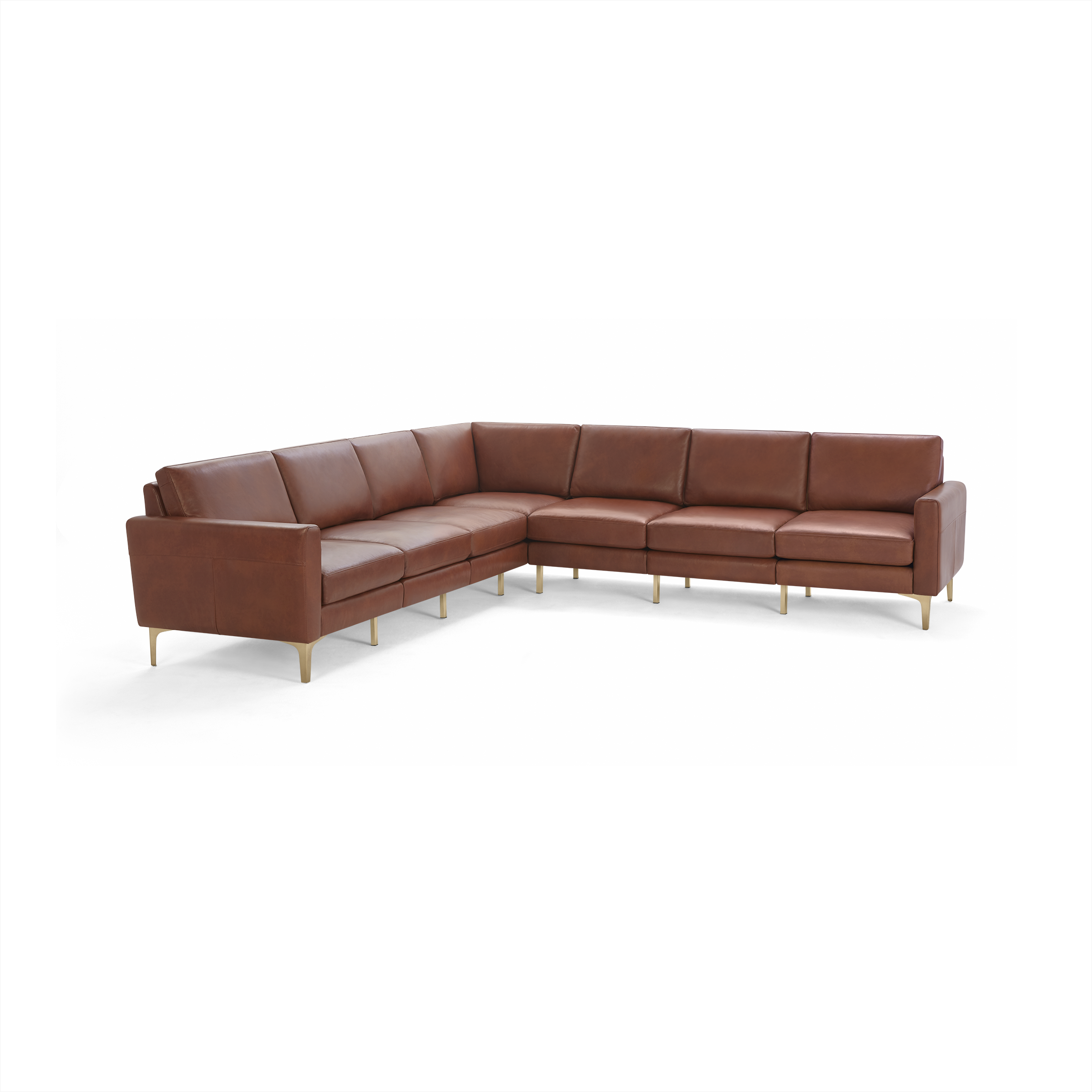 Large L-shaped sectional sofa with brown leather upholstery, cushioned seats, and sleek metal legs in a modern design.