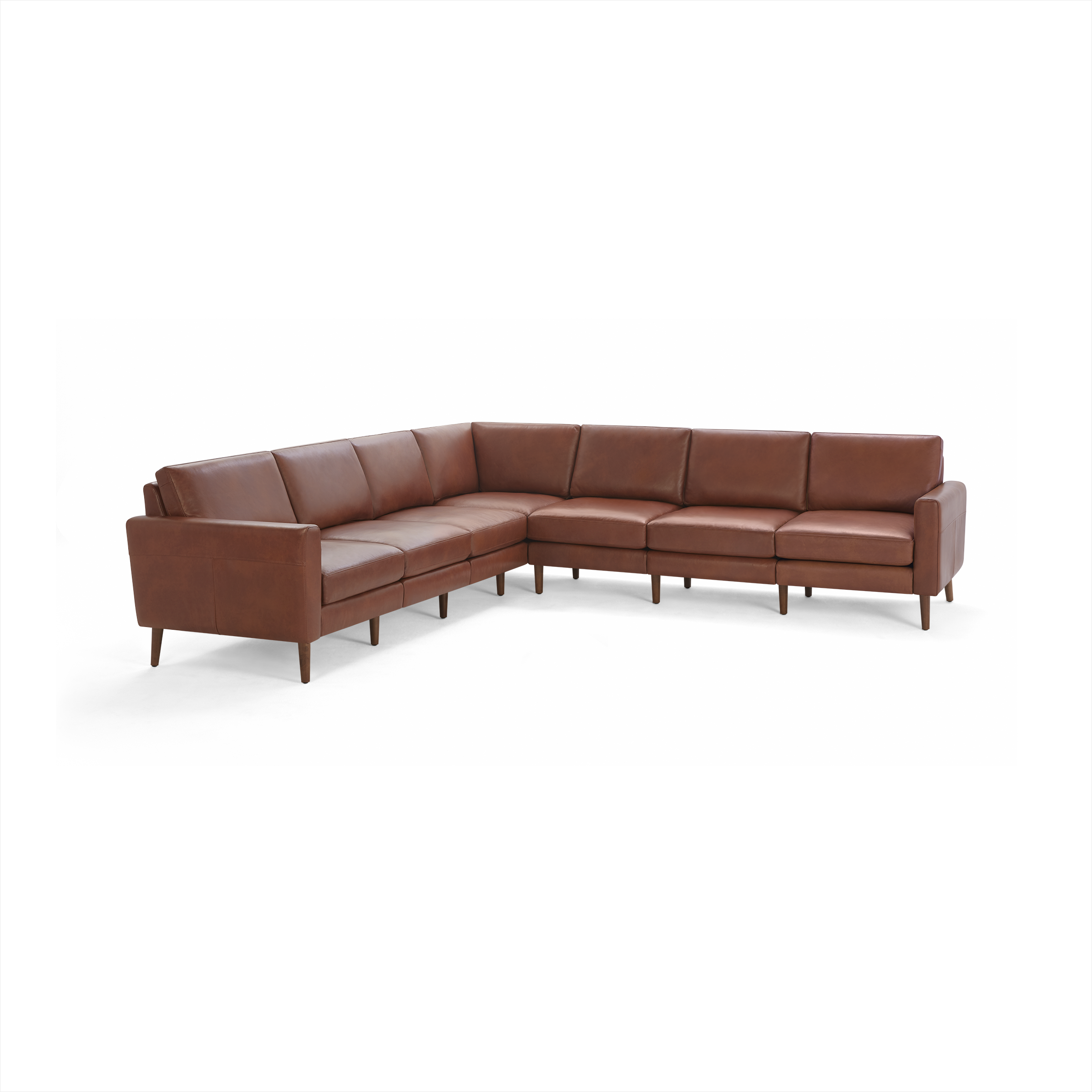 Large L-shaped sectional sofa with brown leather upholstery and wooden tapered legs, featuring clean lines and cushioned seating.
