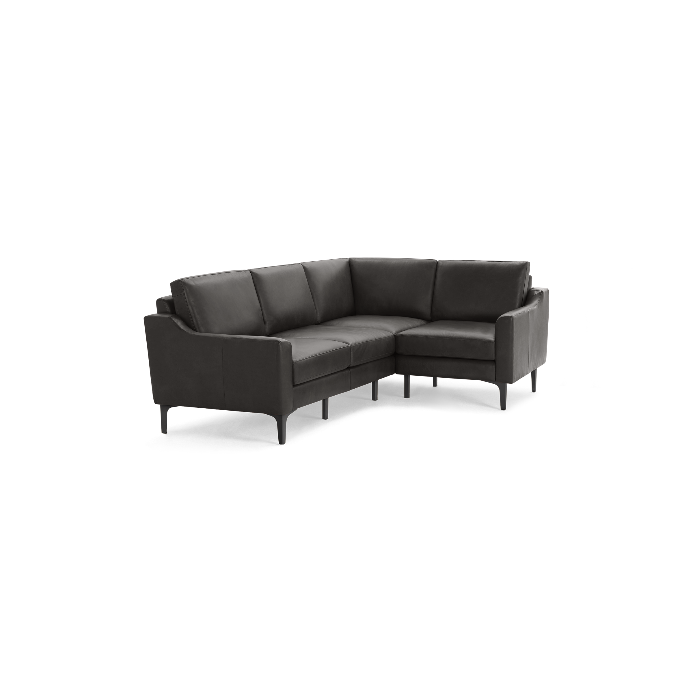 Modern L-shaped dark gray leather sectional sofa with clean lines, cushioned seats, and slim legs.