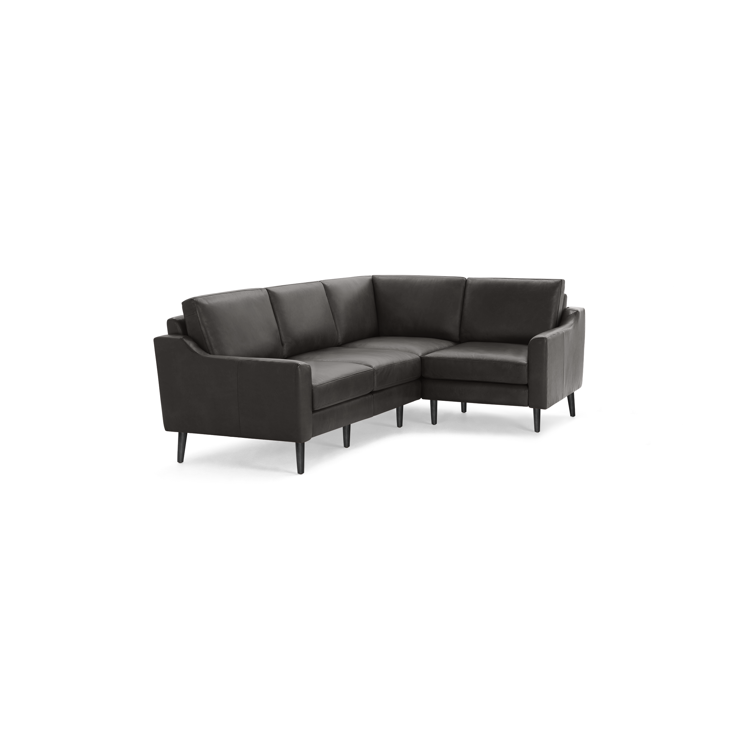 Dark gray leather L-shaped sectional sofa with clean lines, slightly tapered legs, and cushioned back and seat for modern living rooms.