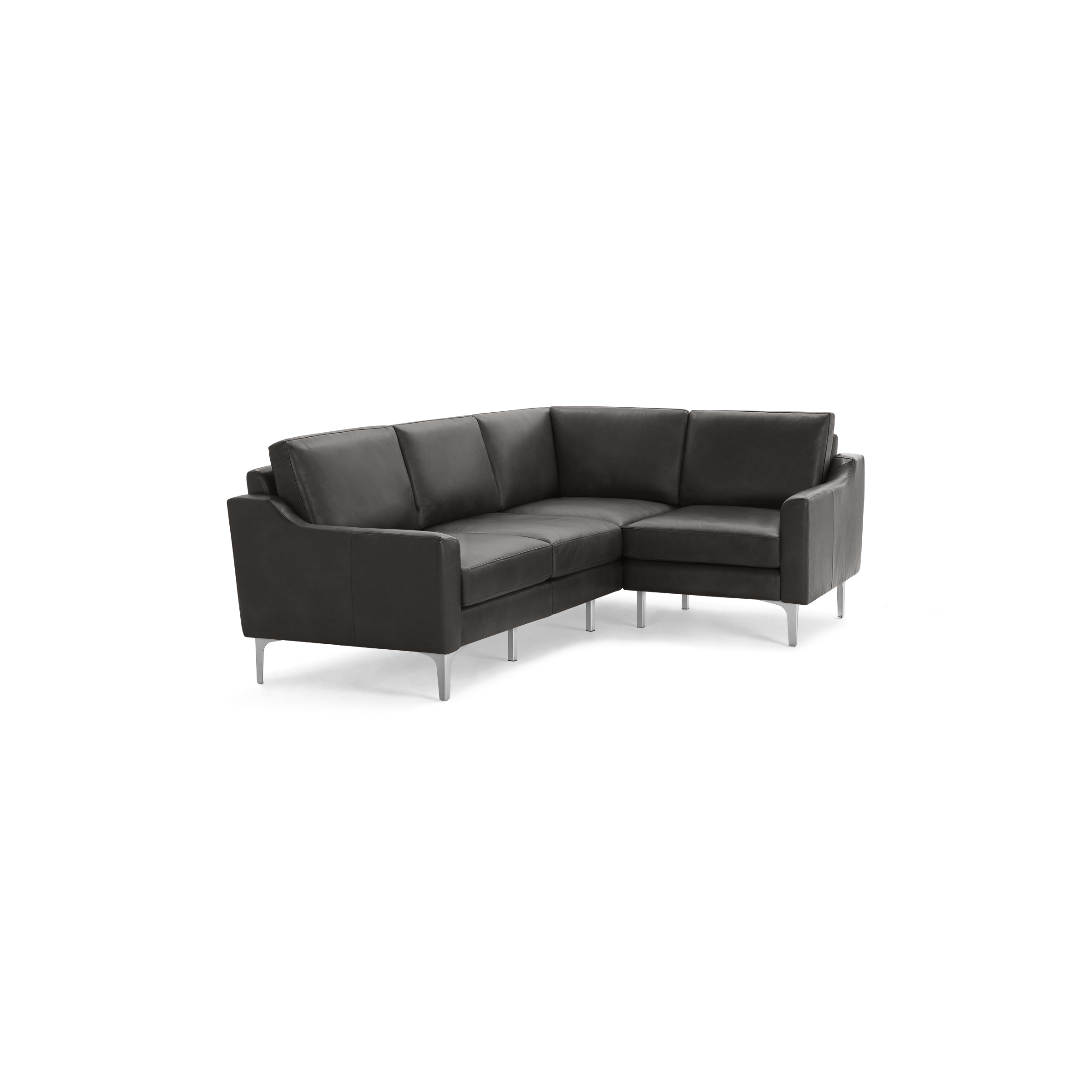 Modern dark gray leather sectional sofa with slim metal legs, featuring clean lines and plush cushions for comfortable seating.
