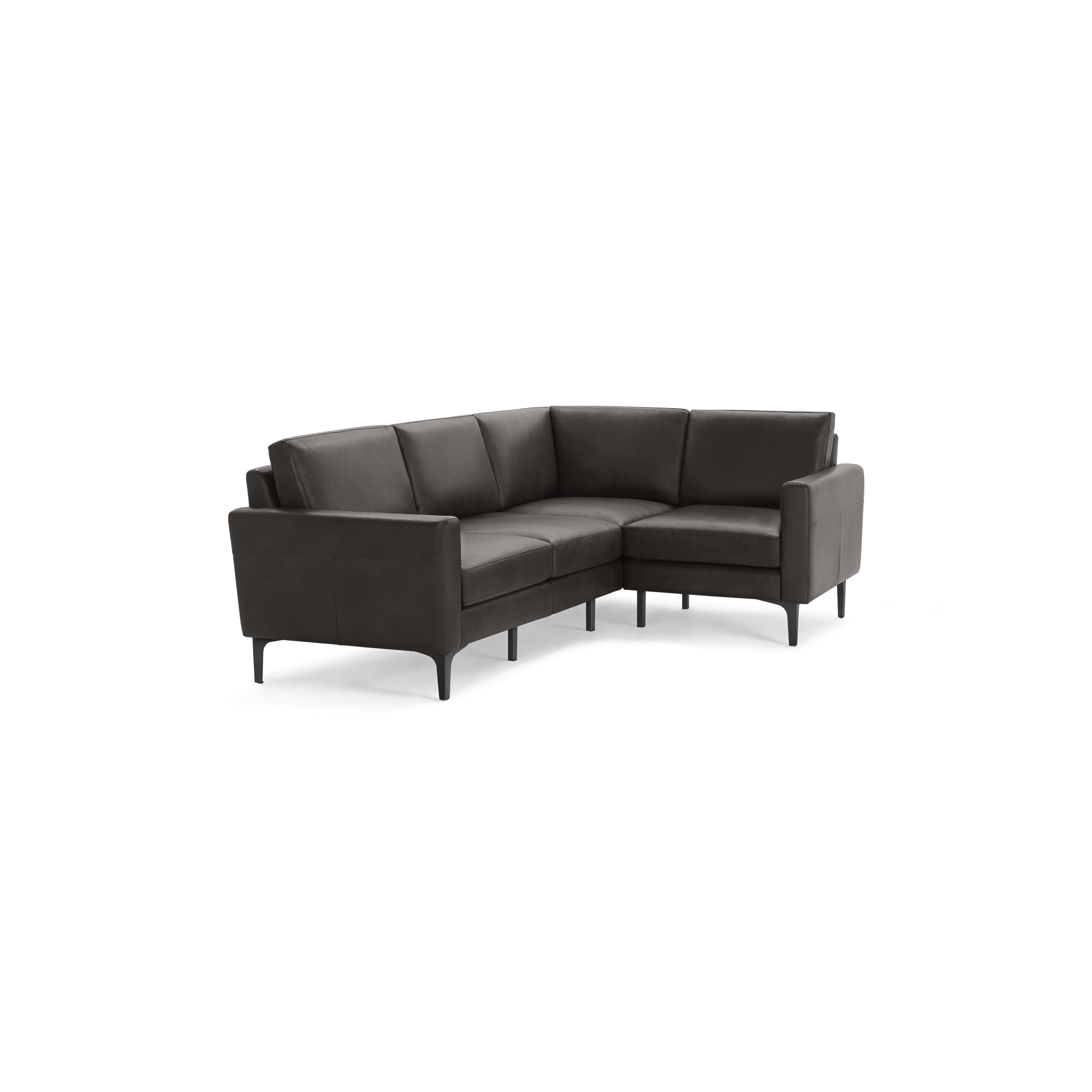 Dark gray modern leather sectional sofa with slim legs and clean lines, designed for corner seating arrangement.