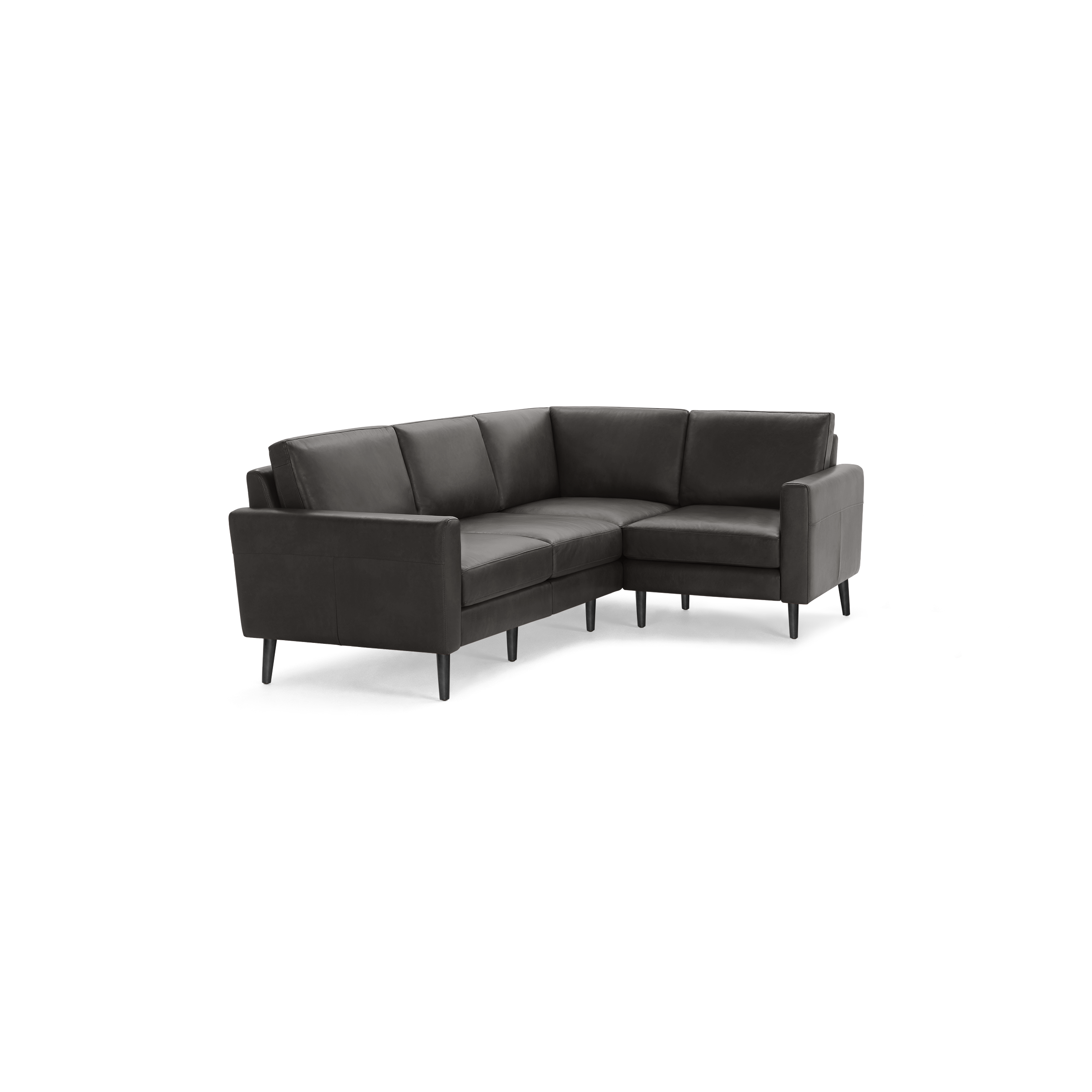 Modern dark gray leather L-shaped sectional sofa with straight arms and black tapered wooden legs.
