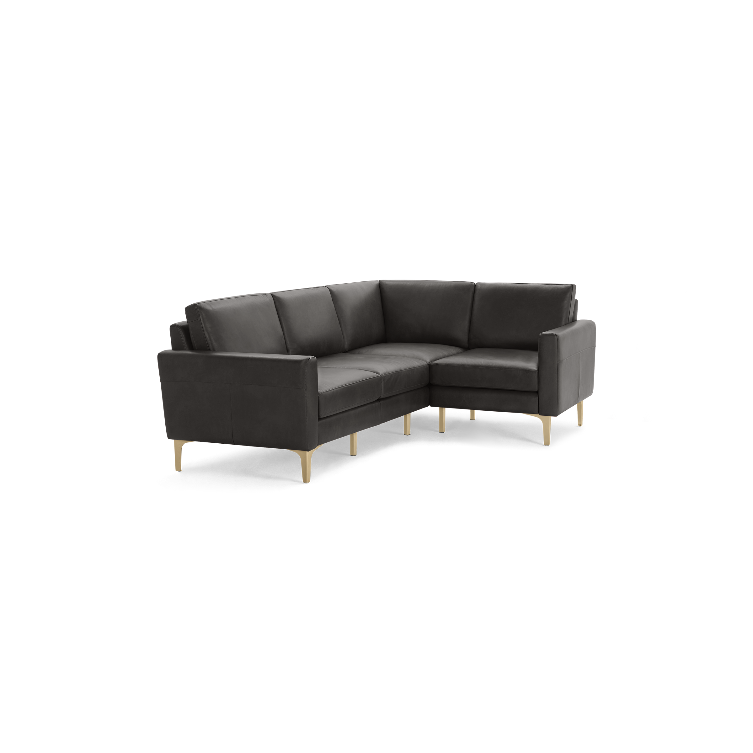 Modern dark gray L-shaped sectional sofa with clean lines, plush cushions, and slim light wooden legs on a black background.