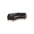 Modern dark gray L-shaped sectional sofa with wooden legs and cushioned seats and backrests.