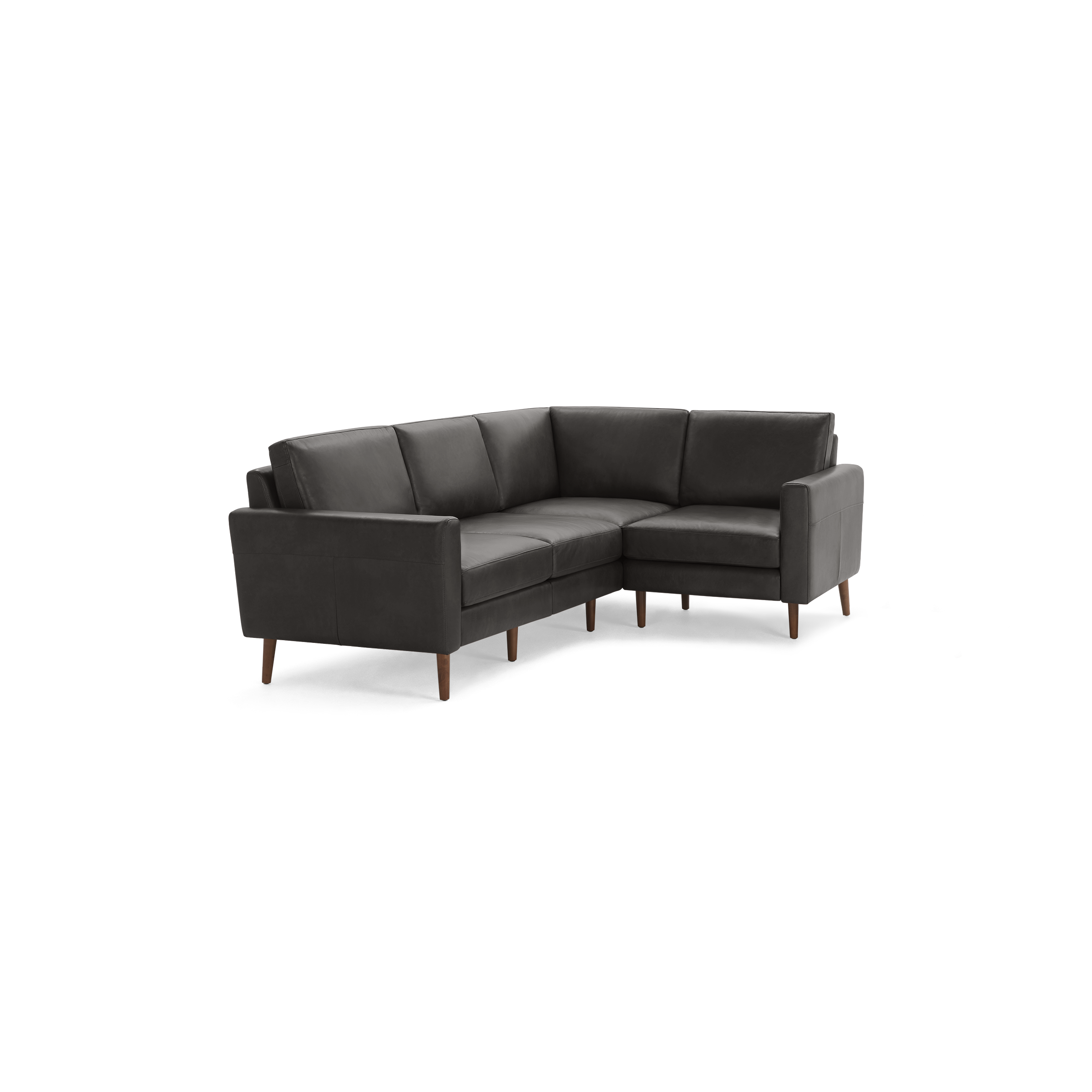 Modern dark gray L-shaped sectional sofa with wooden legs and cushioned seats and backrests.