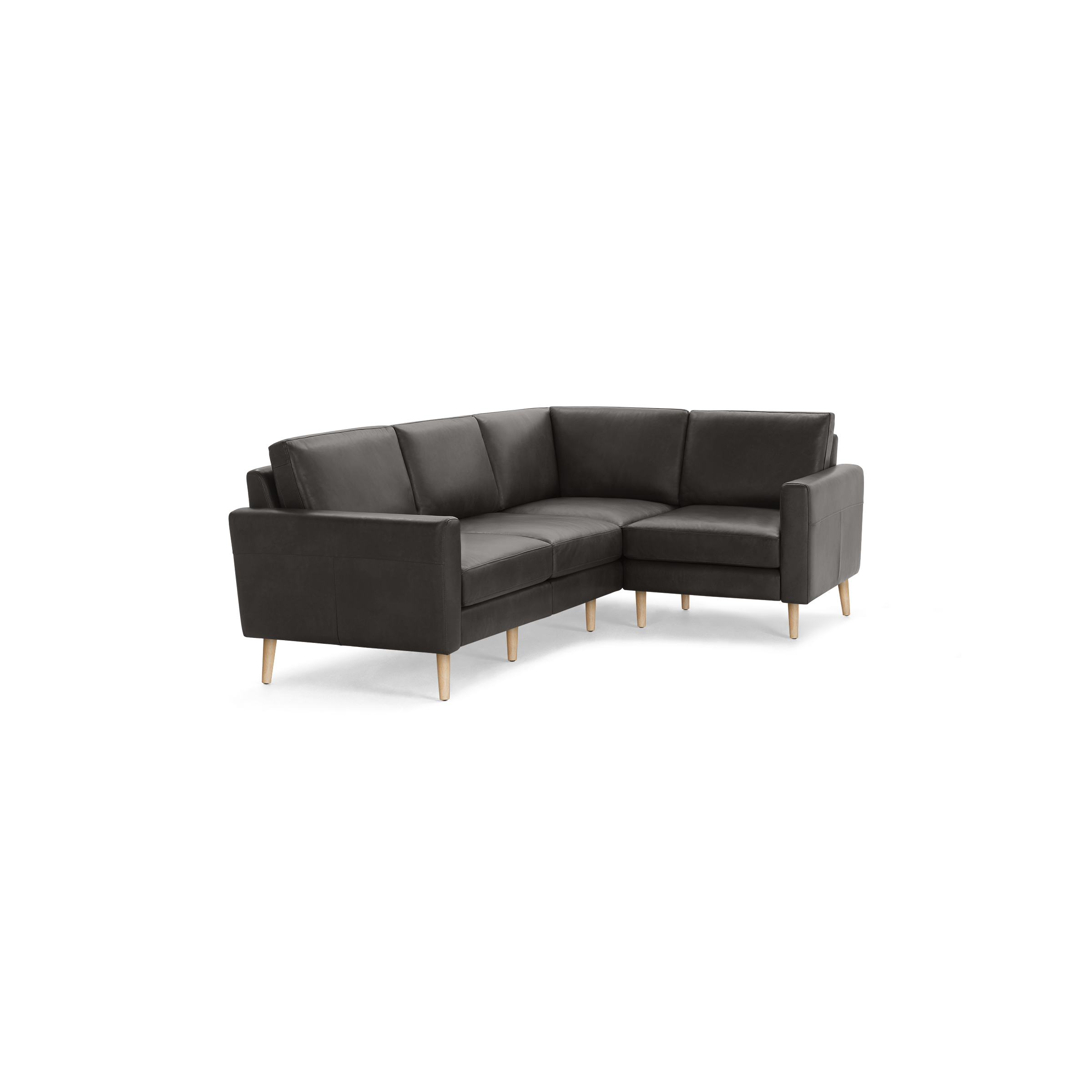 Dark gray leather L-shaped sectional sofa with wooden legs, featuring clean lines and plush cushions for modern living.
