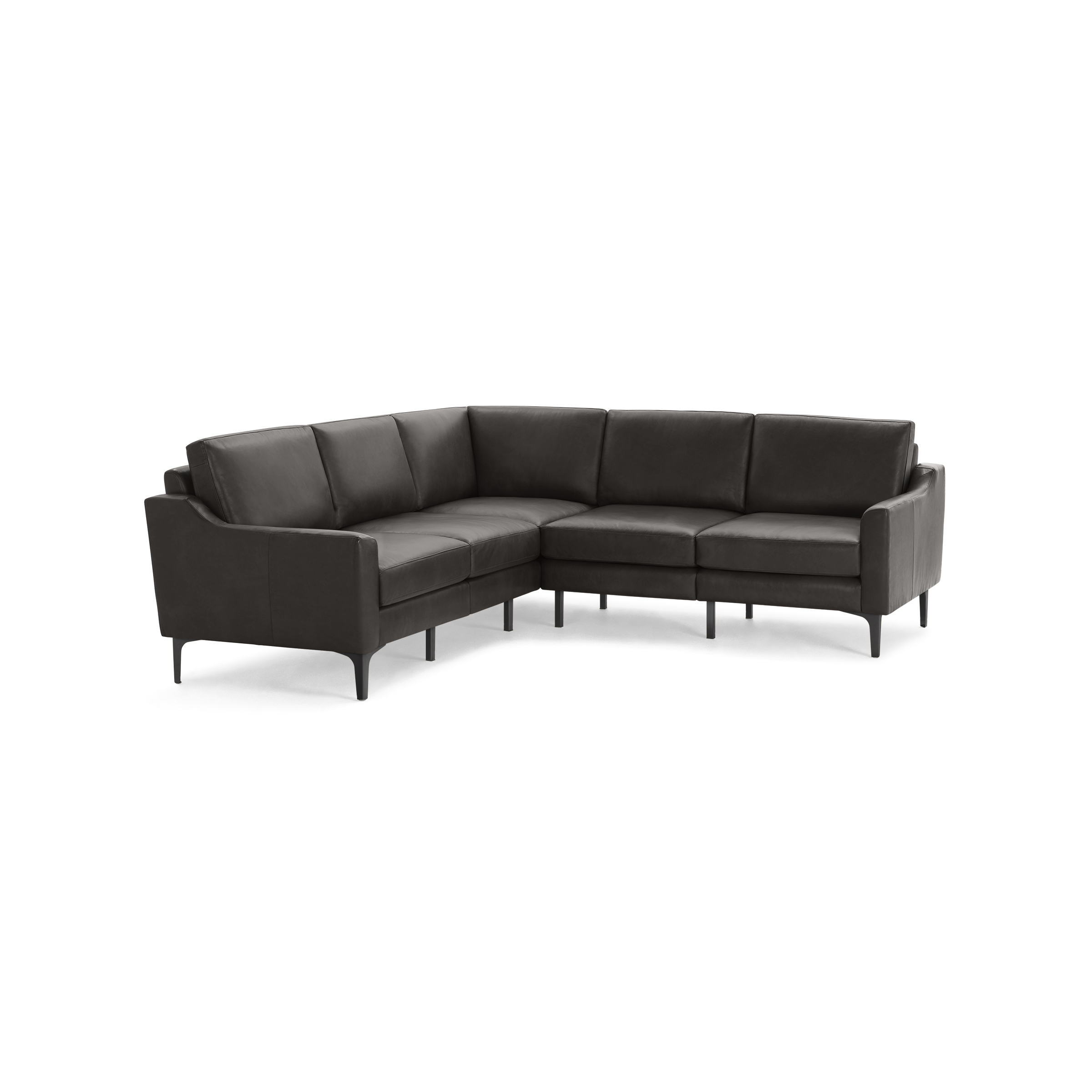 Modern dark gray sectional sofa with sleek armrests, cushioned seats, and slender legs, forming an L-shape.