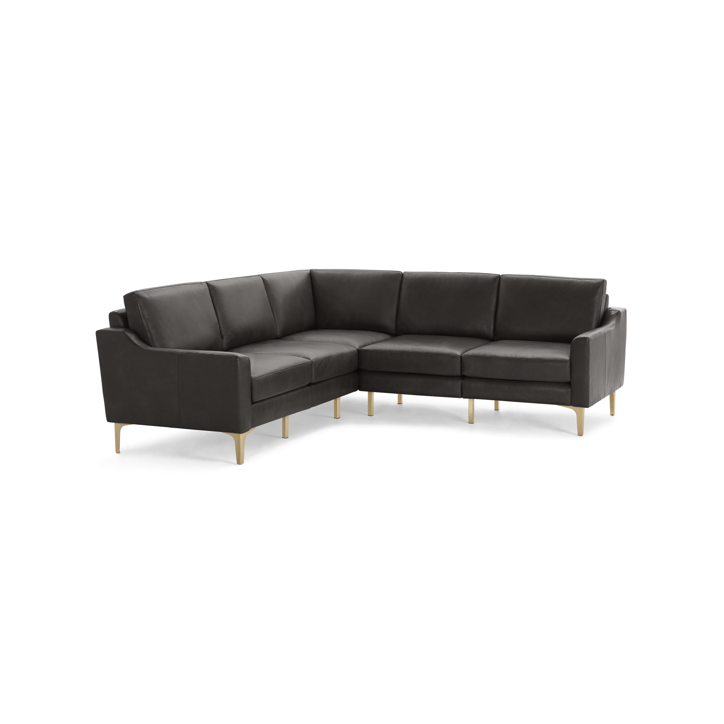 Dark gray leather L-shaped sectional sofa with gold metal legs and plush cushions, featuring modern clean lines.