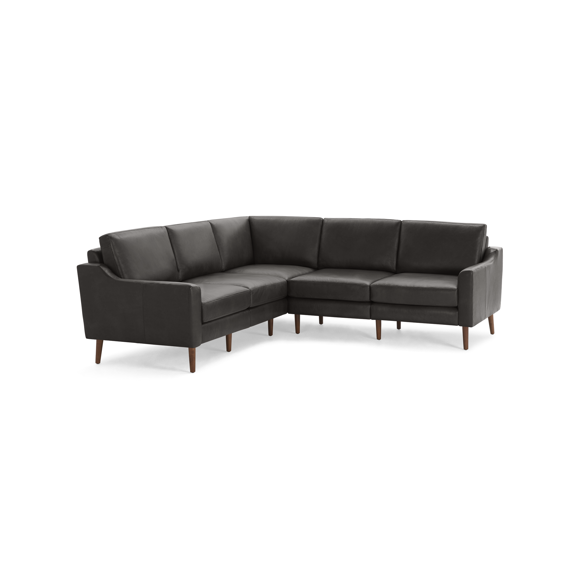 Dark gray leather L-shaped sectional sofa with wooden tapered legs and cushioned seats and backs.