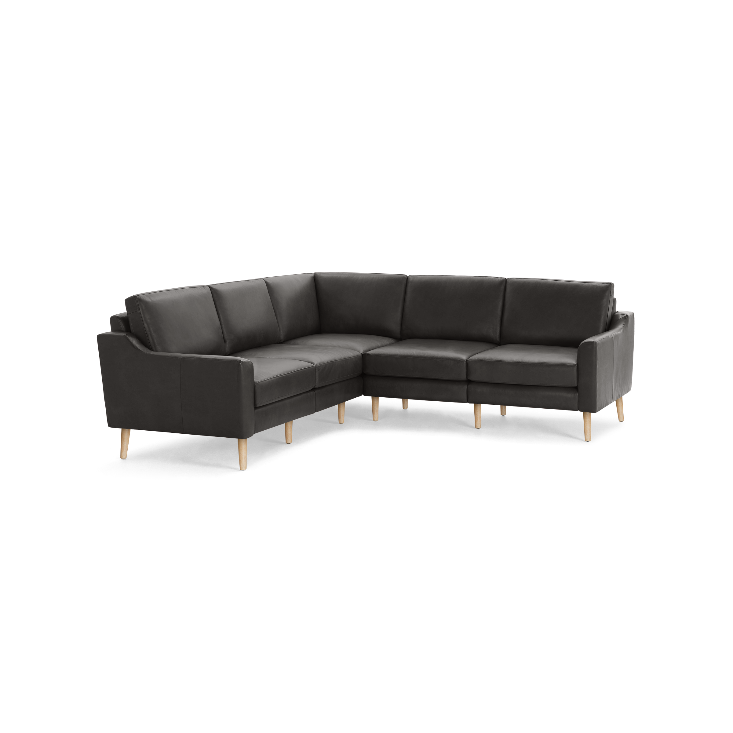 Dark gray L-shaped sectional sofa with cushioned seats and backs, featuring light wooden tapered legs.