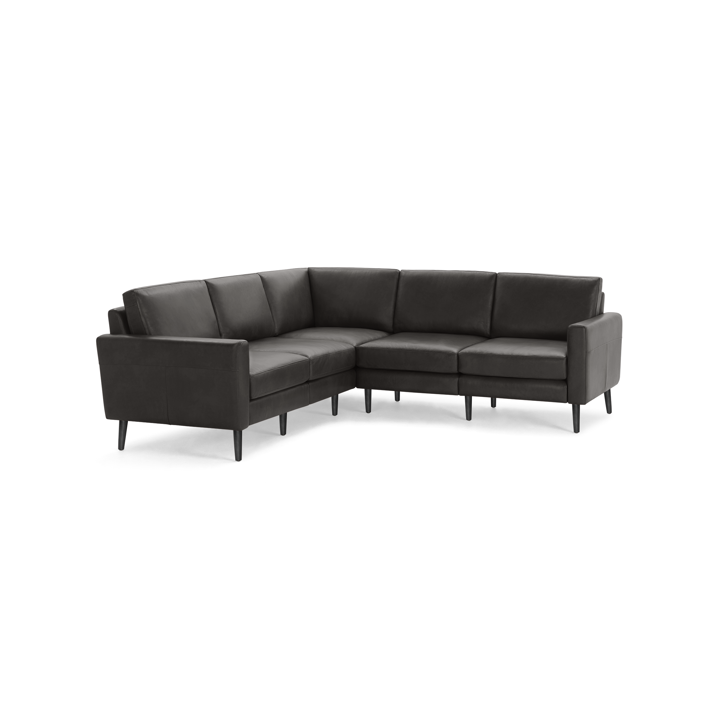 Dark gray L-shaped sectional sofa with cushioned seats, backrests, and slim armrests on wooden legs.