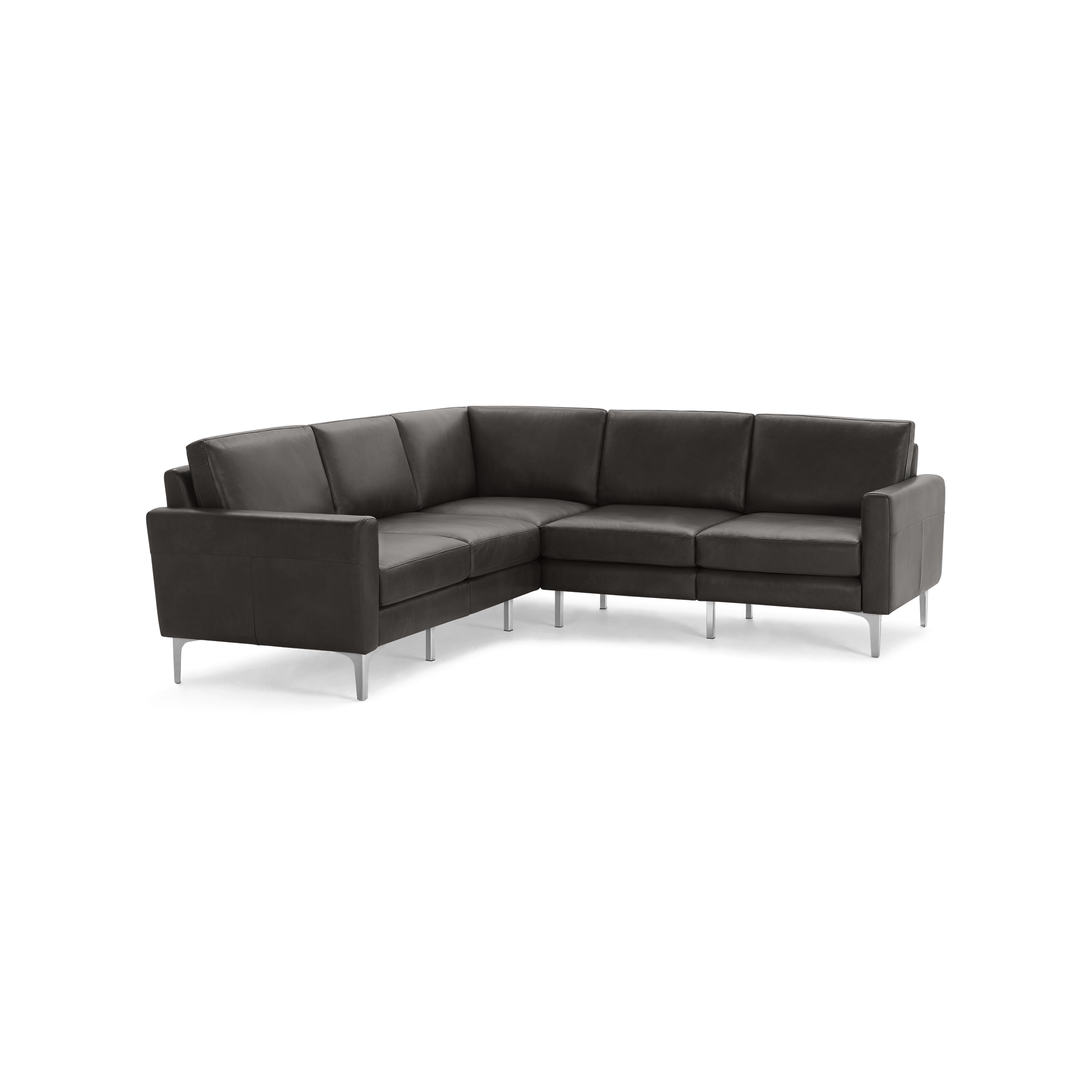 Modern dark gray L-shaped sectional sofa with cushioned seats, straight armrests, and slim metal legs.