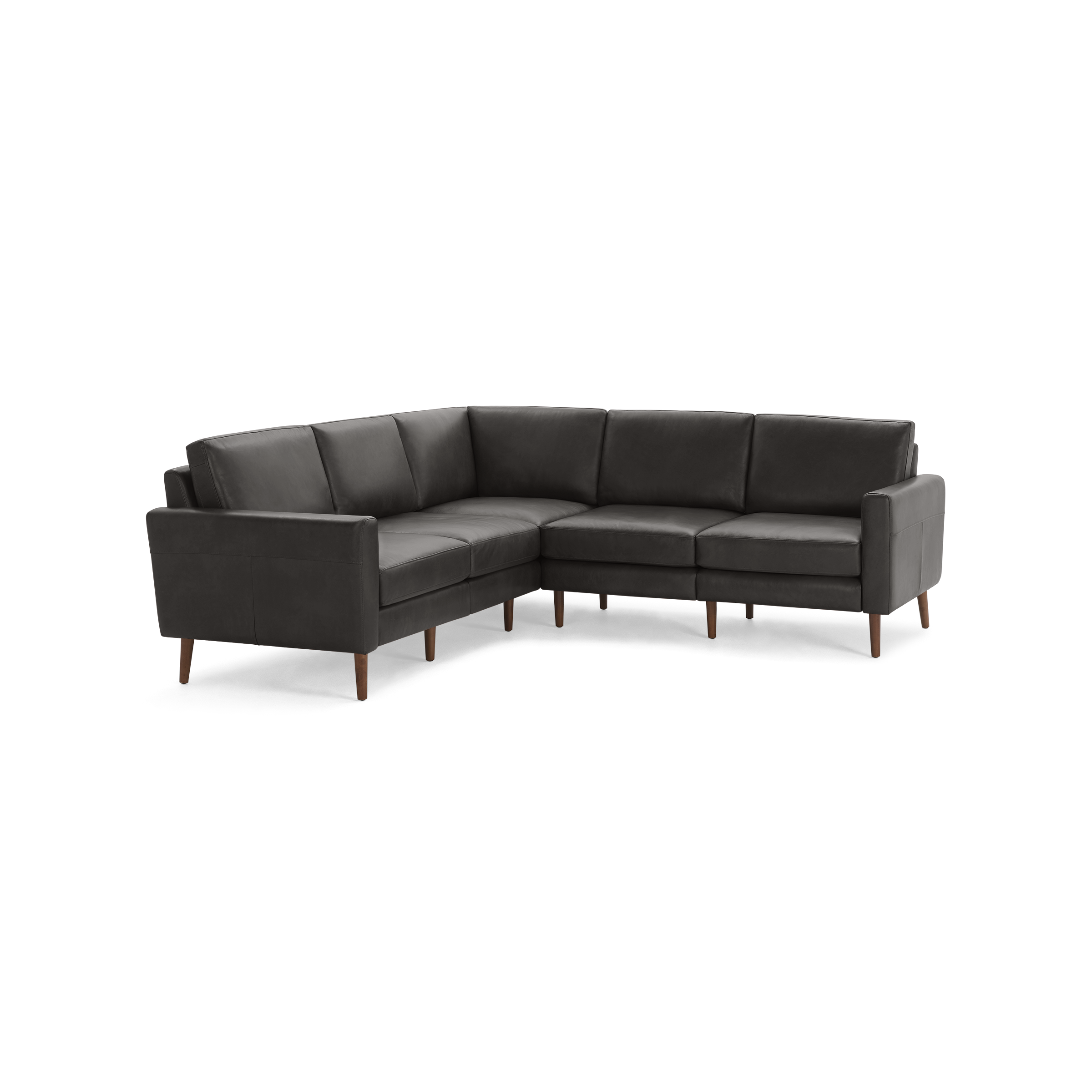 Dark gray L-shaped sectional sofa with wooden legs and clean, modern design, suitable for living rooms.