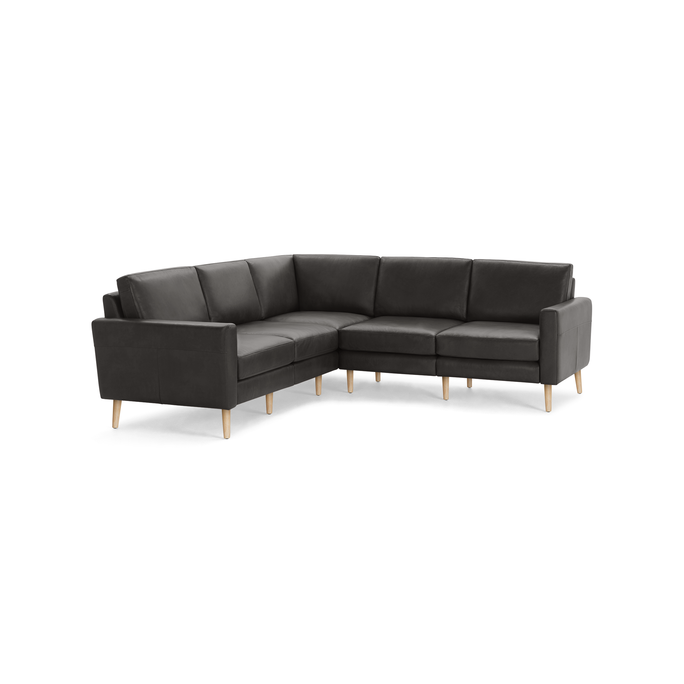 Modern L-shaped sectional sofa in dark gray with cushioned seats, straight arms, and wooden tapered legs, designed for corner placement.