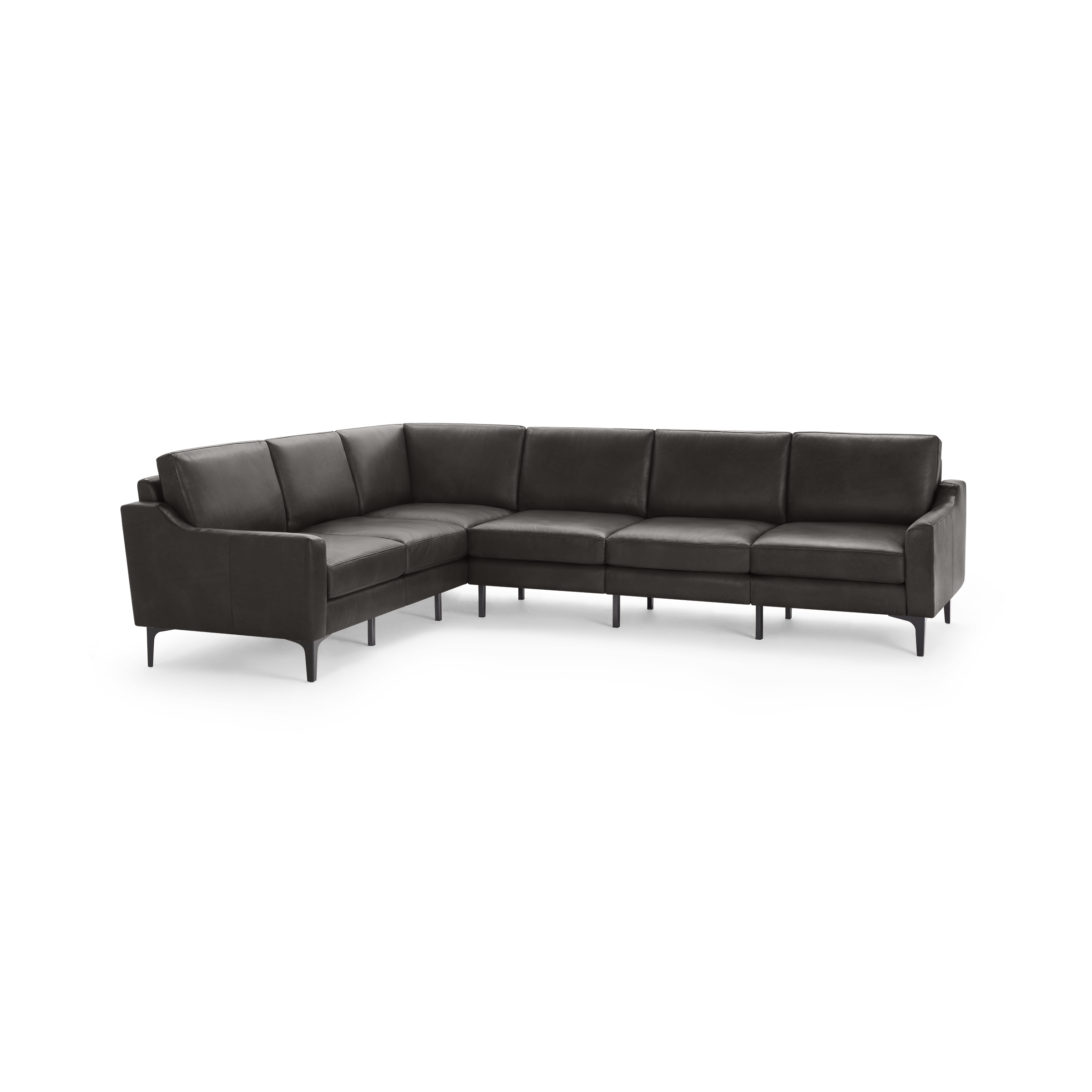 Dark gray leather sectional sofa with clean lines, plush cushions, and slim black legs in an L-shaped configuration.