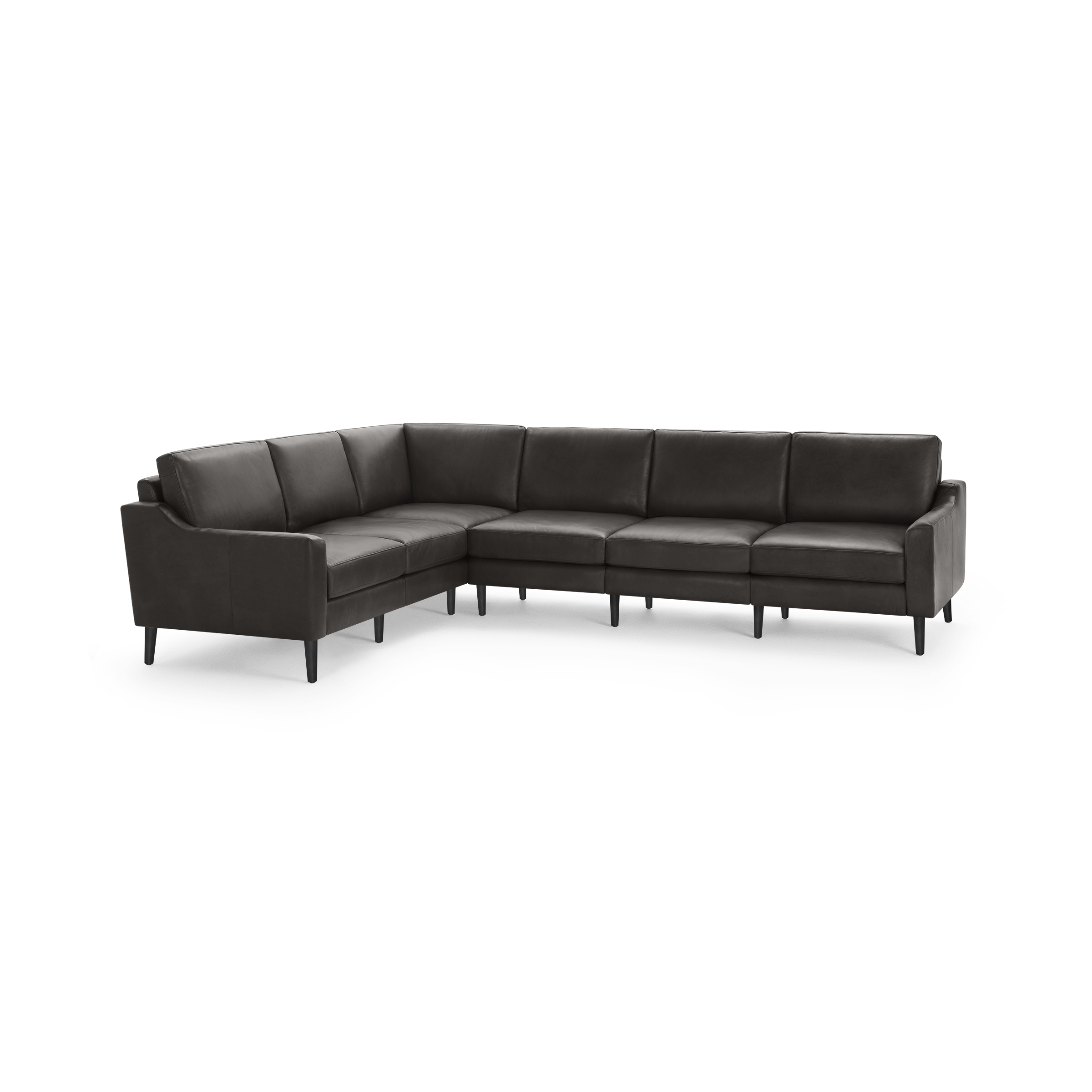 Modern L-shaped sectional sofa in dark gray leather with clean lines and slender black legs.