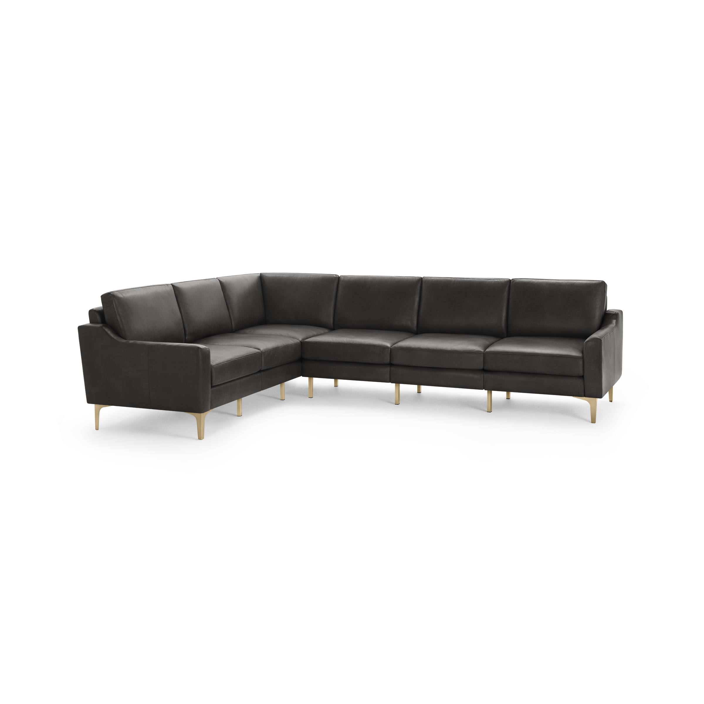 Dark gray leather sectional sofa with clean lines, cushioned seats, angled armrests, and slim gold legs, designed for modern living rooms.