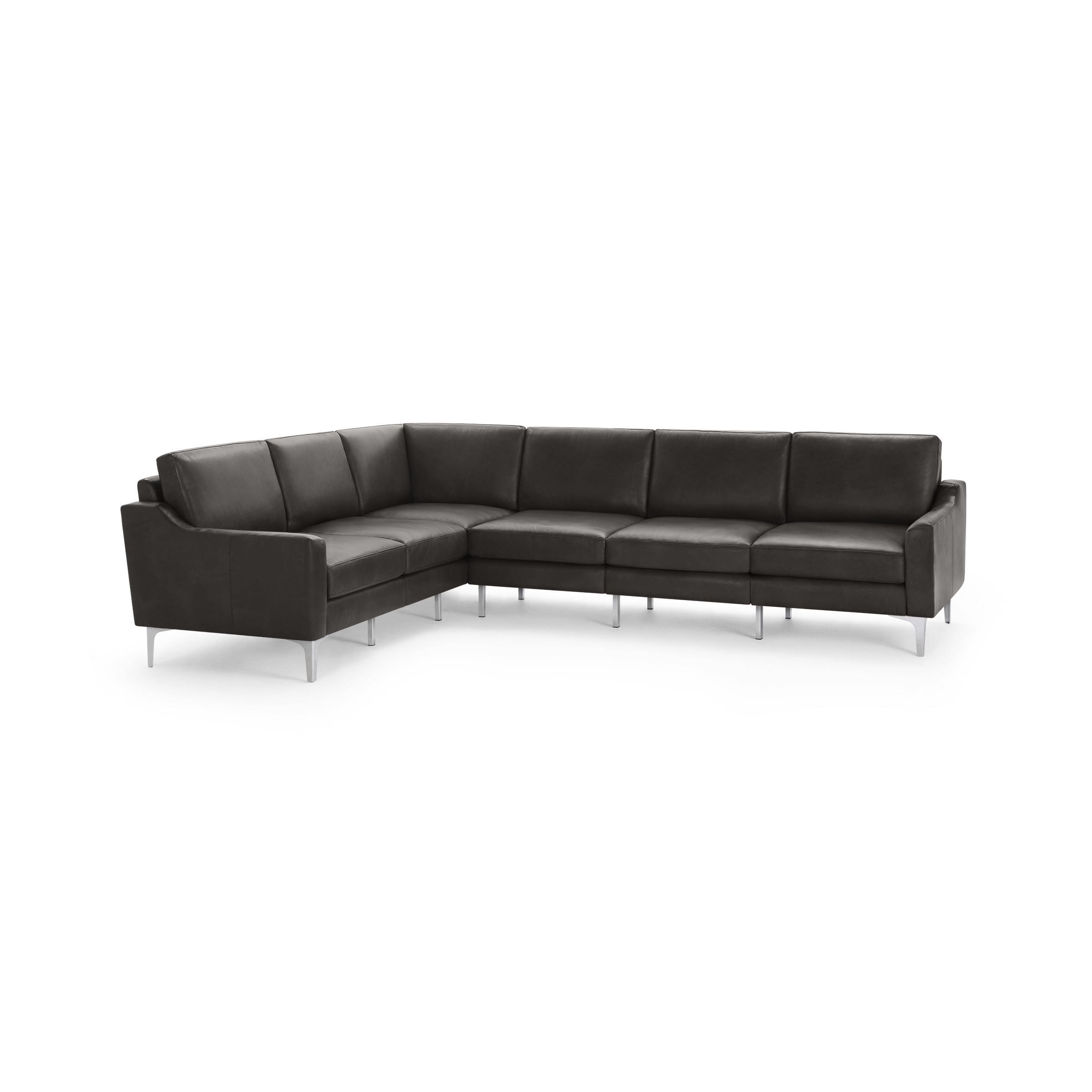 Modern L-shaped sectional sofa with dark gray leather upholstery and sleek metal legs, featuring clean lines and cushioned seats.