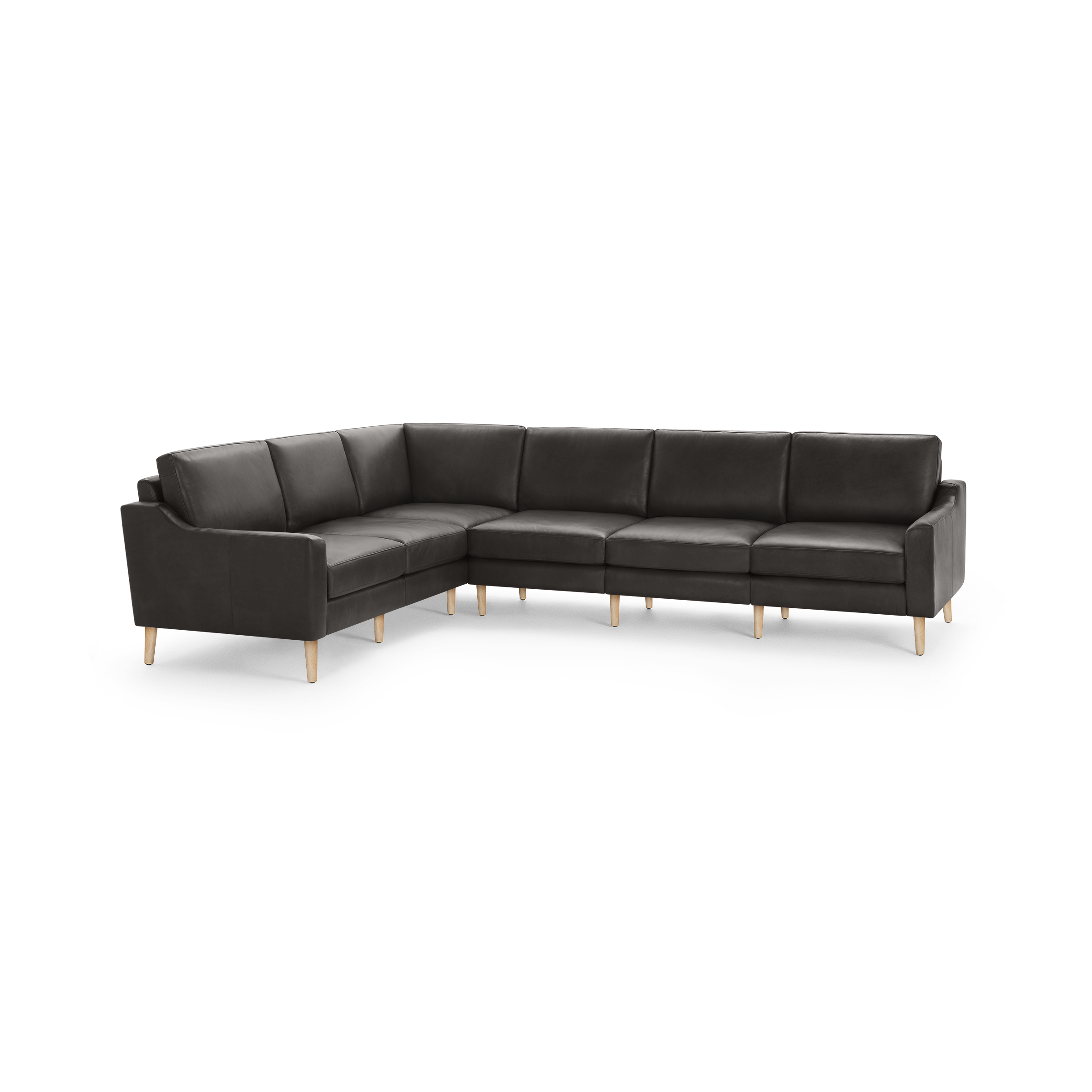 Large modern L-shaped sectional sofa in dark gray fabric with wooden legs, featuring clean lines and cushioned seats and backrests.