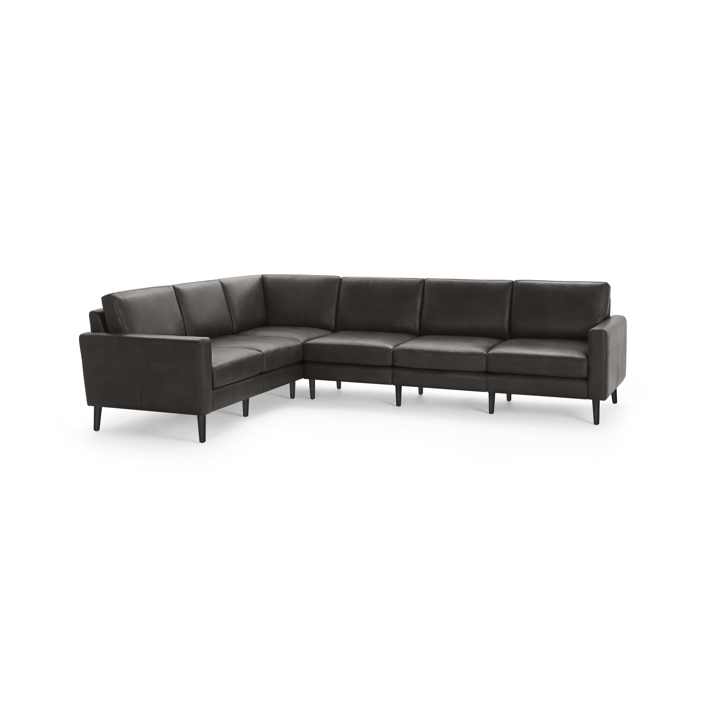Dark gray L-shaped sectional sofa with clean lines, cushioned back and seats, and slim black legs.