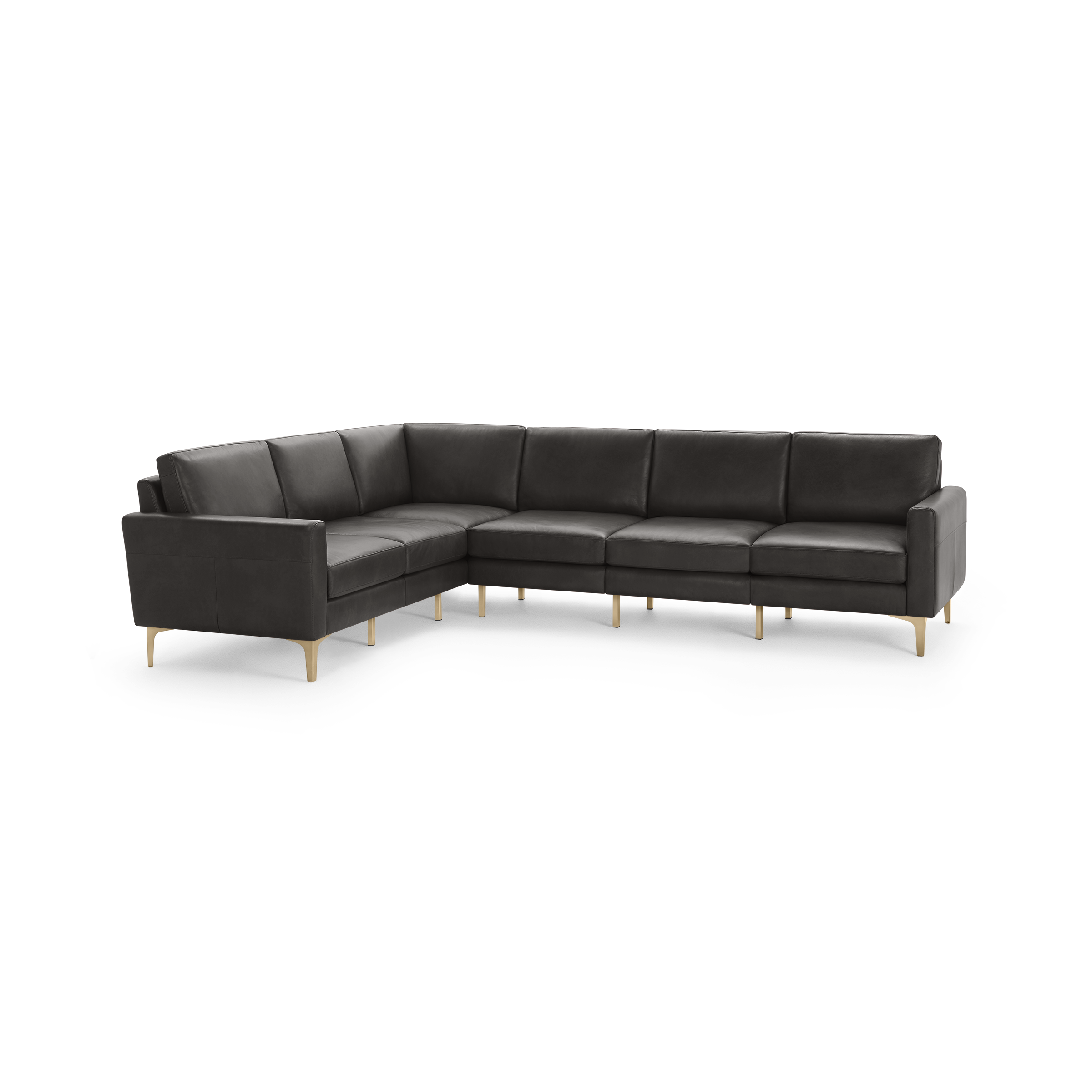 Modern dark gray leather sectional sofa with clean lines and gold metal legs, designed for spacious corner seating.