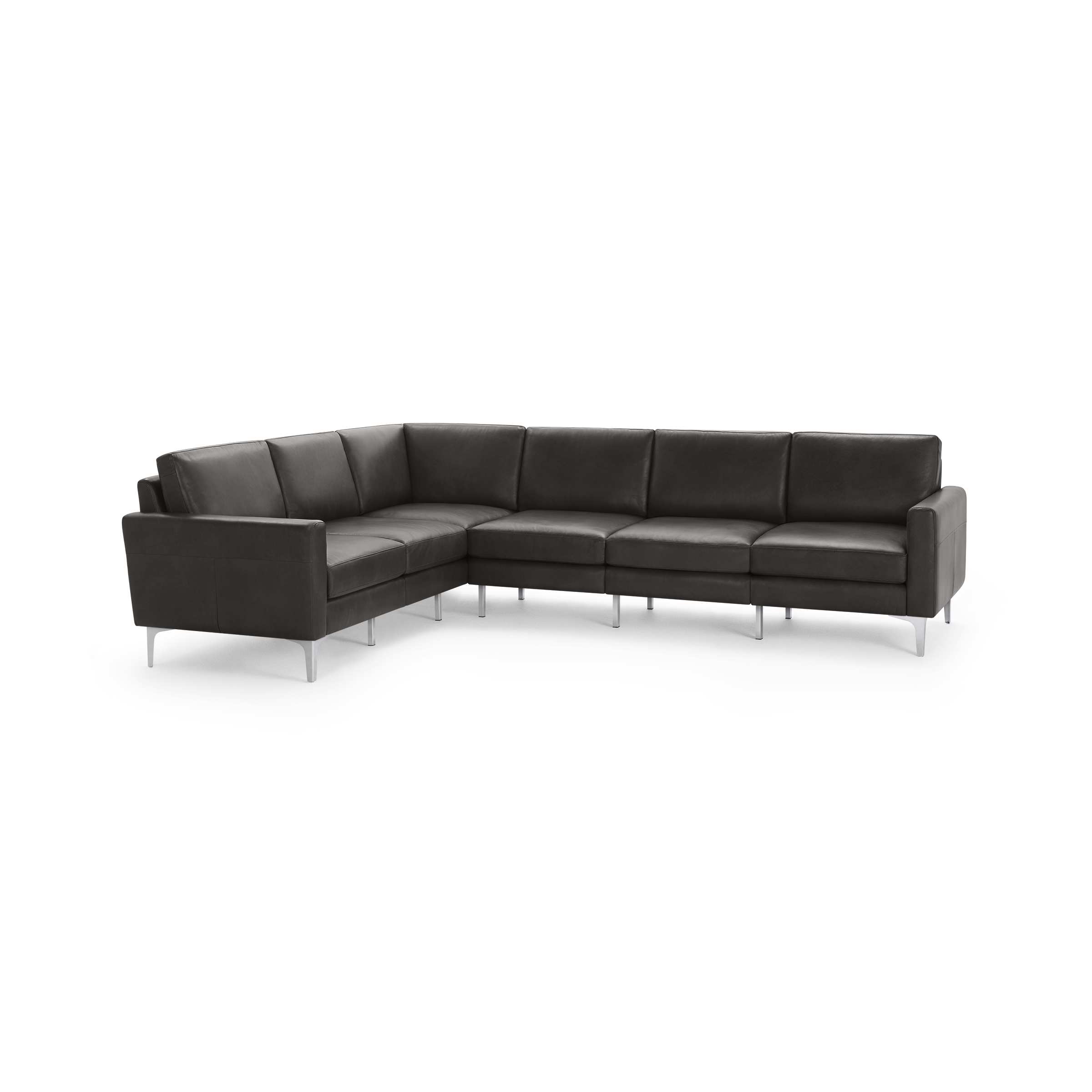 Modern L-shaped dark gray leather sectional sofa with metal legs and cushioned seats and backs.