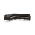 Dark gray leather L-shaped sectional sofa with clean lines, cushioned seats, backs, and wooden legs.