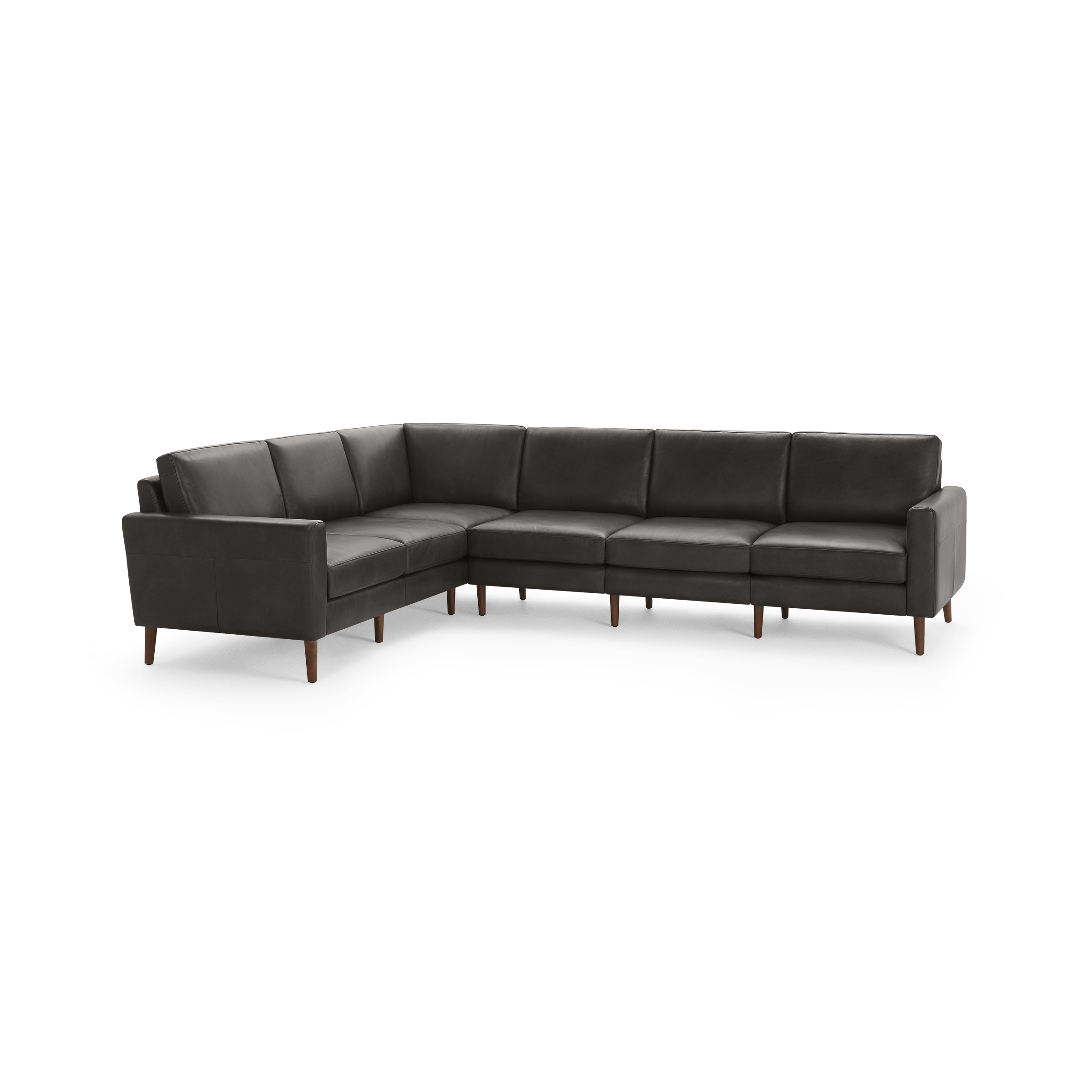 Dark gray leather L-shaped sectional sofa with clean lines, cushioned seats, backs, and wooden legs.