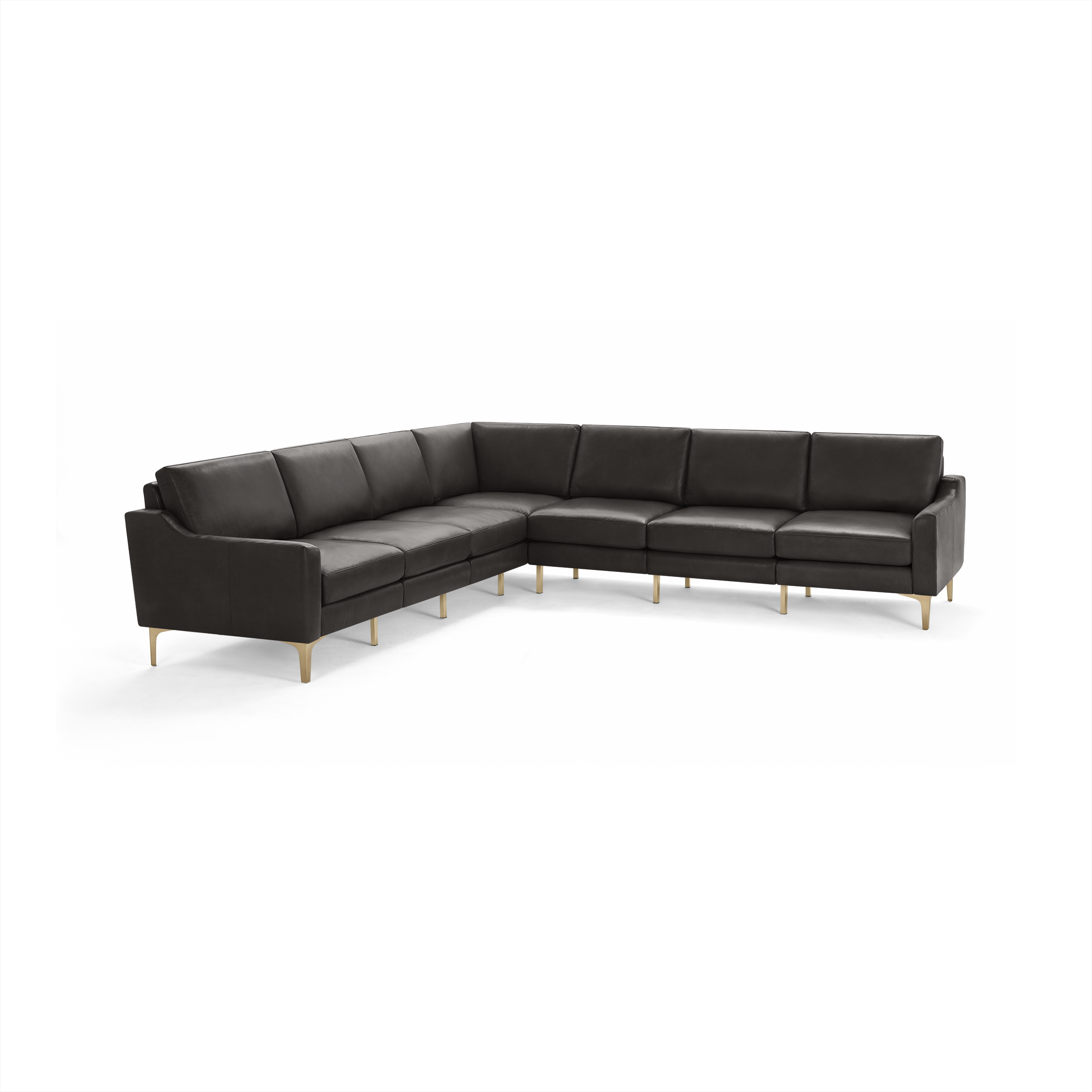 Large modern L-shaped sectional sofa with dark gray leather upholstery and slim gold metal legs, designed for spacious seating.