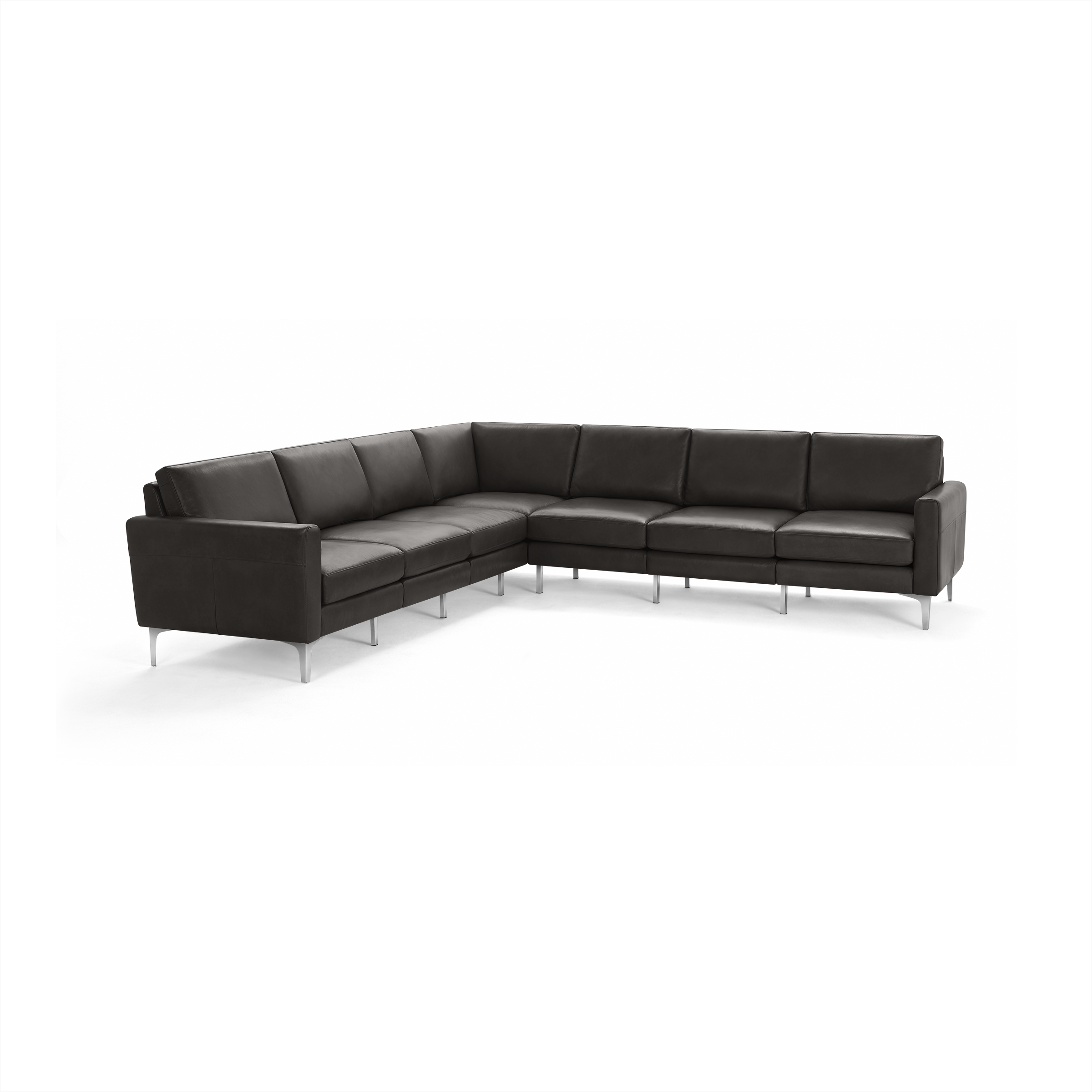 Modern L-shaped sectional sofa, dark gray leather upholstery, metal legs, clean lines, and cushioned seats and backs.