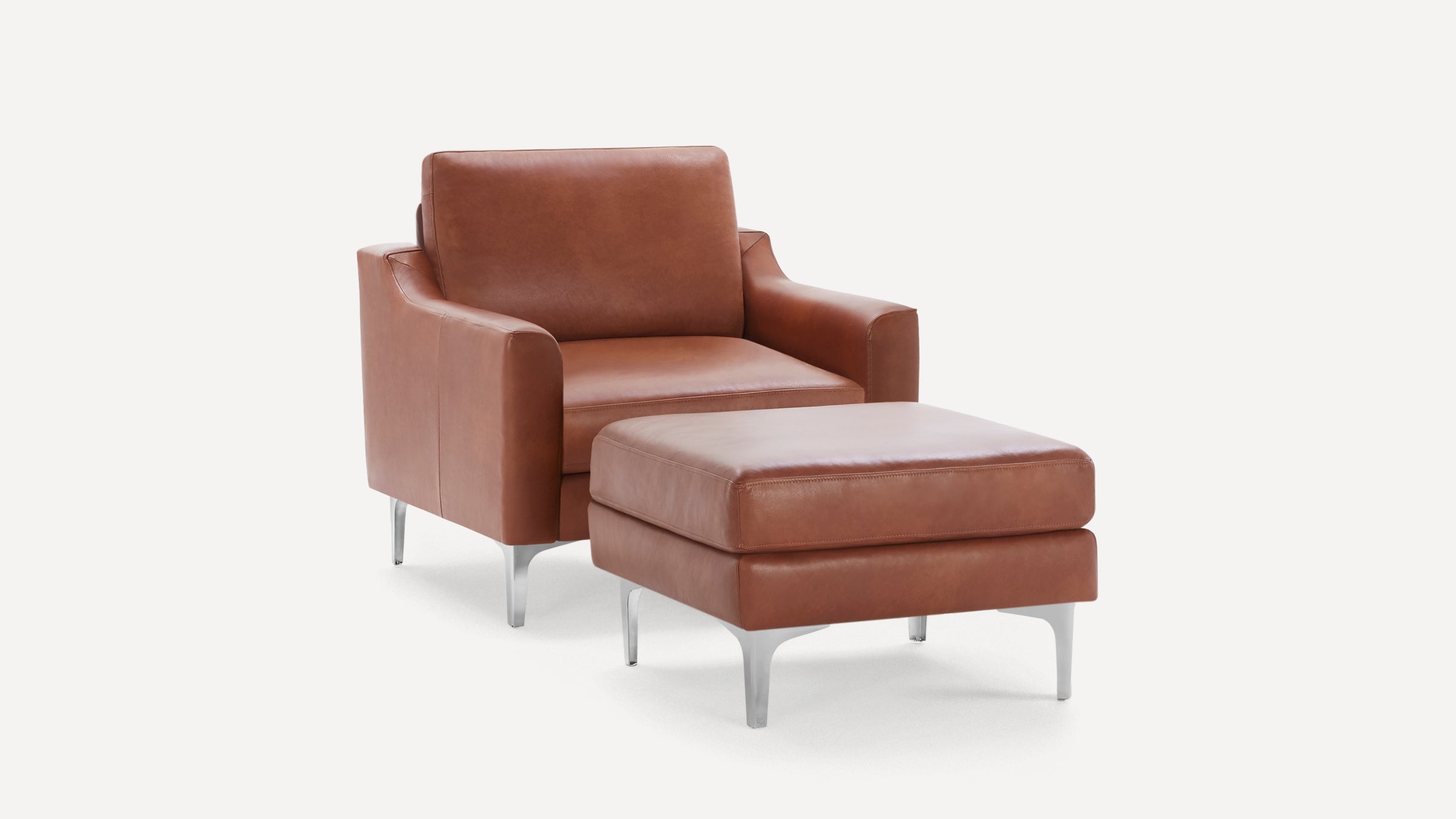 Modern brown leather armchair with matching ottoman, featuring sleek metal legs and clean lines.