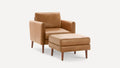 Modern tan leather armchair with matching ottoman, wooden legs, clean lines, and minimalist design on white background.