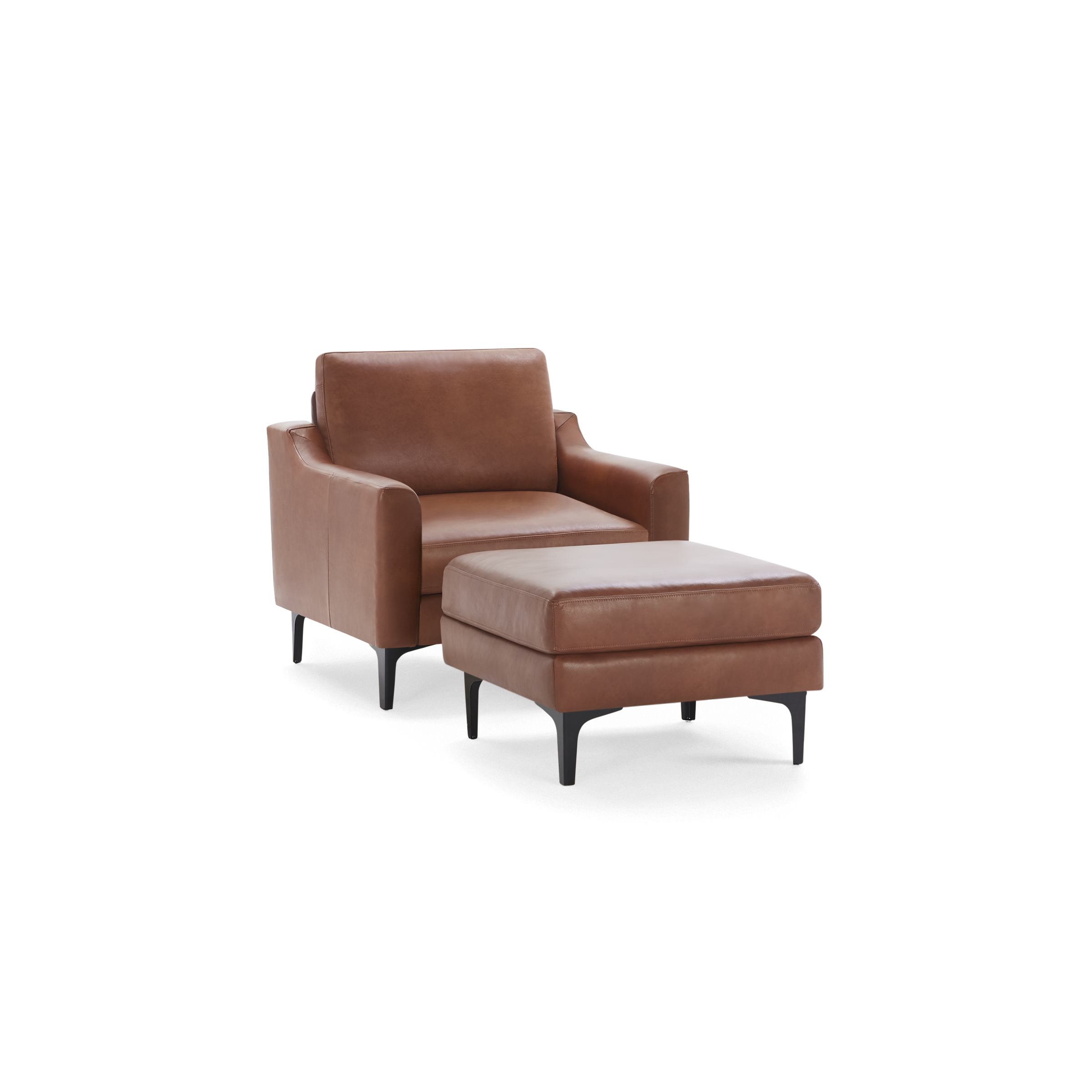 Modern brown leather armchair with matching cushioned ottoman, both supported by slender black legs.