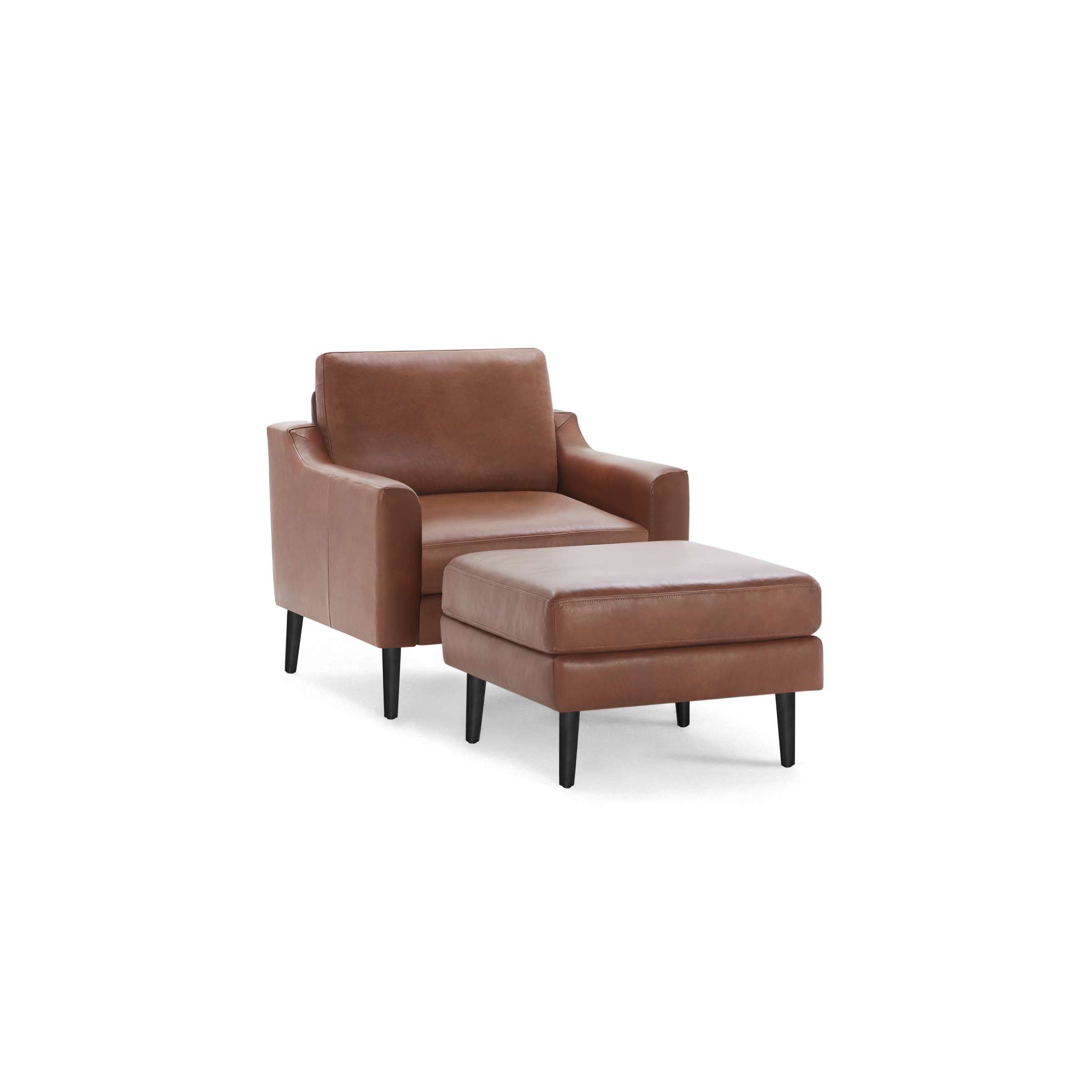 Modern brown leather armchair with matching cushioned ottoman, both supported by black wooden legs.