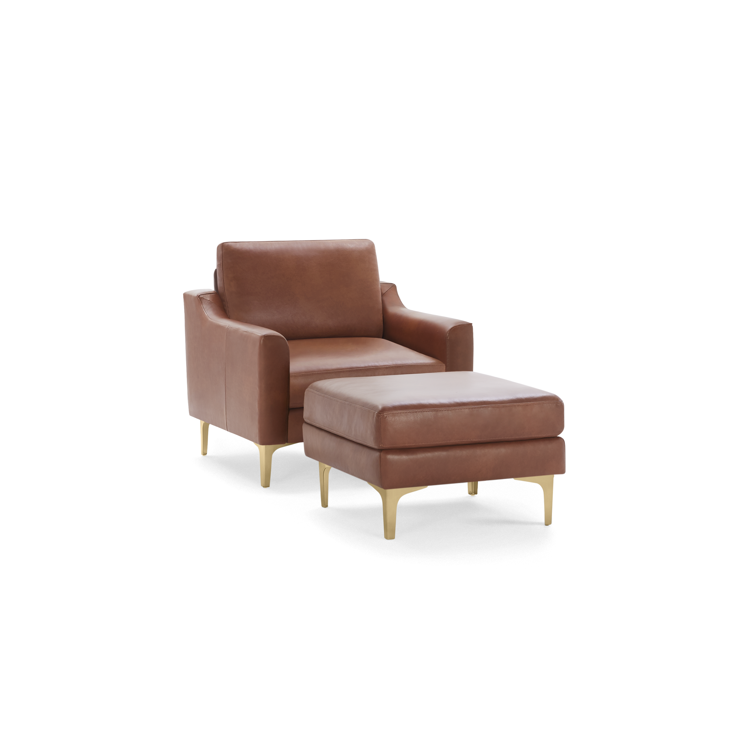 Brown leather armchair with matching ottoman, both featuring sleek gold metal legs and modern design.